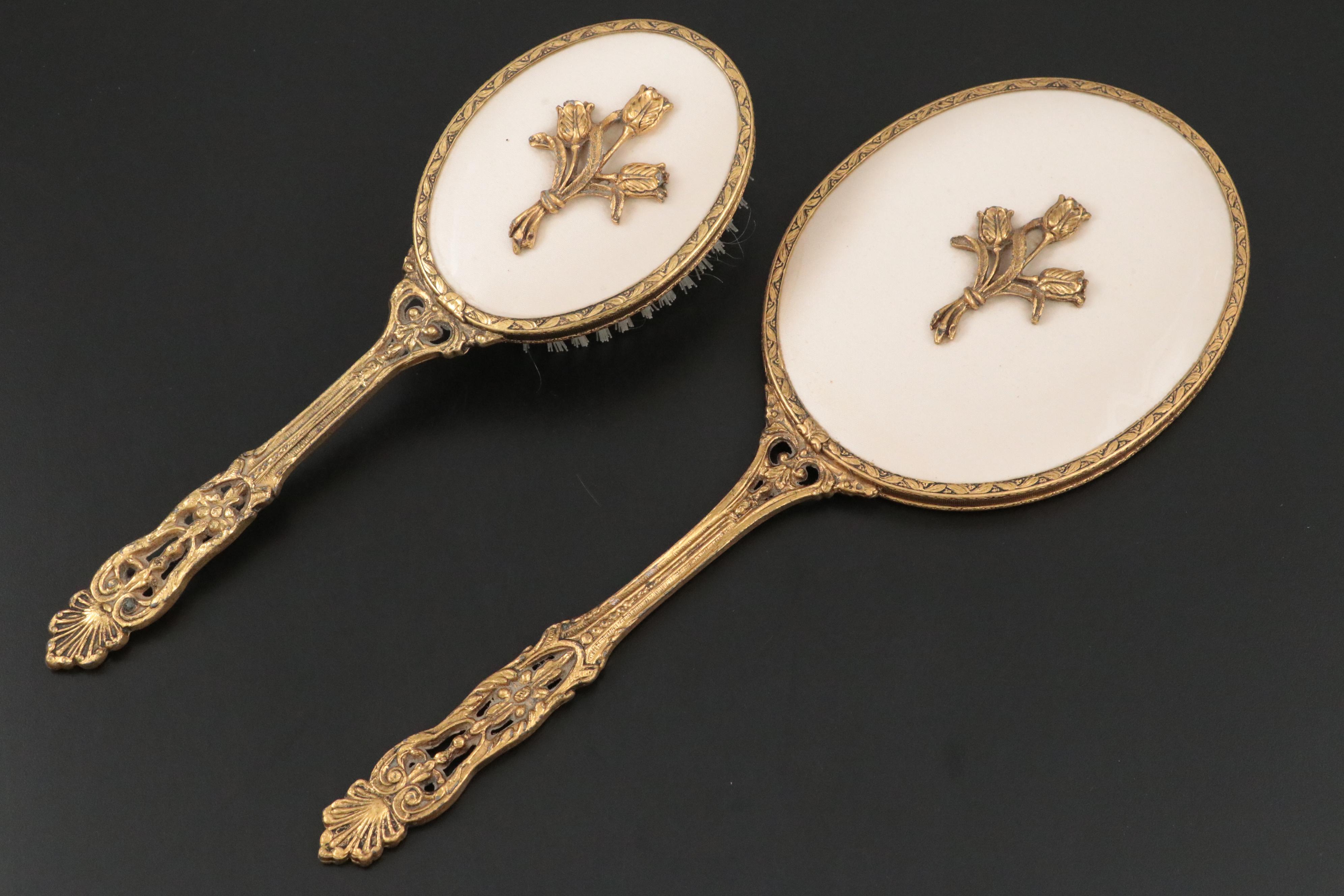 Globe 24K Gold Plated Hand Mirror and Brush with Other Mirrored Vanity Tray