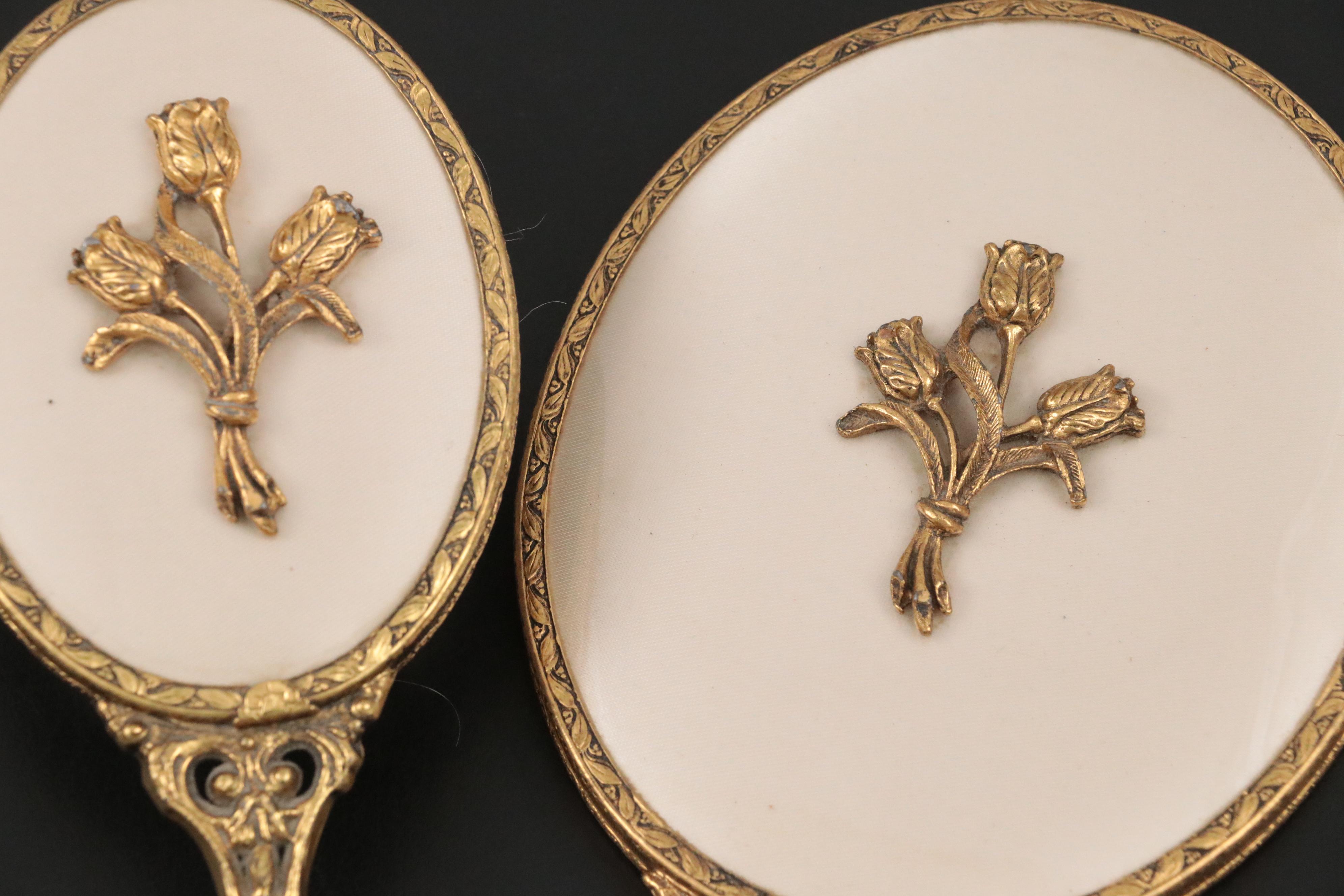 Globe 24K Gold Plated Hand Mirror and Brush with Other Mirrored Vanity Tray