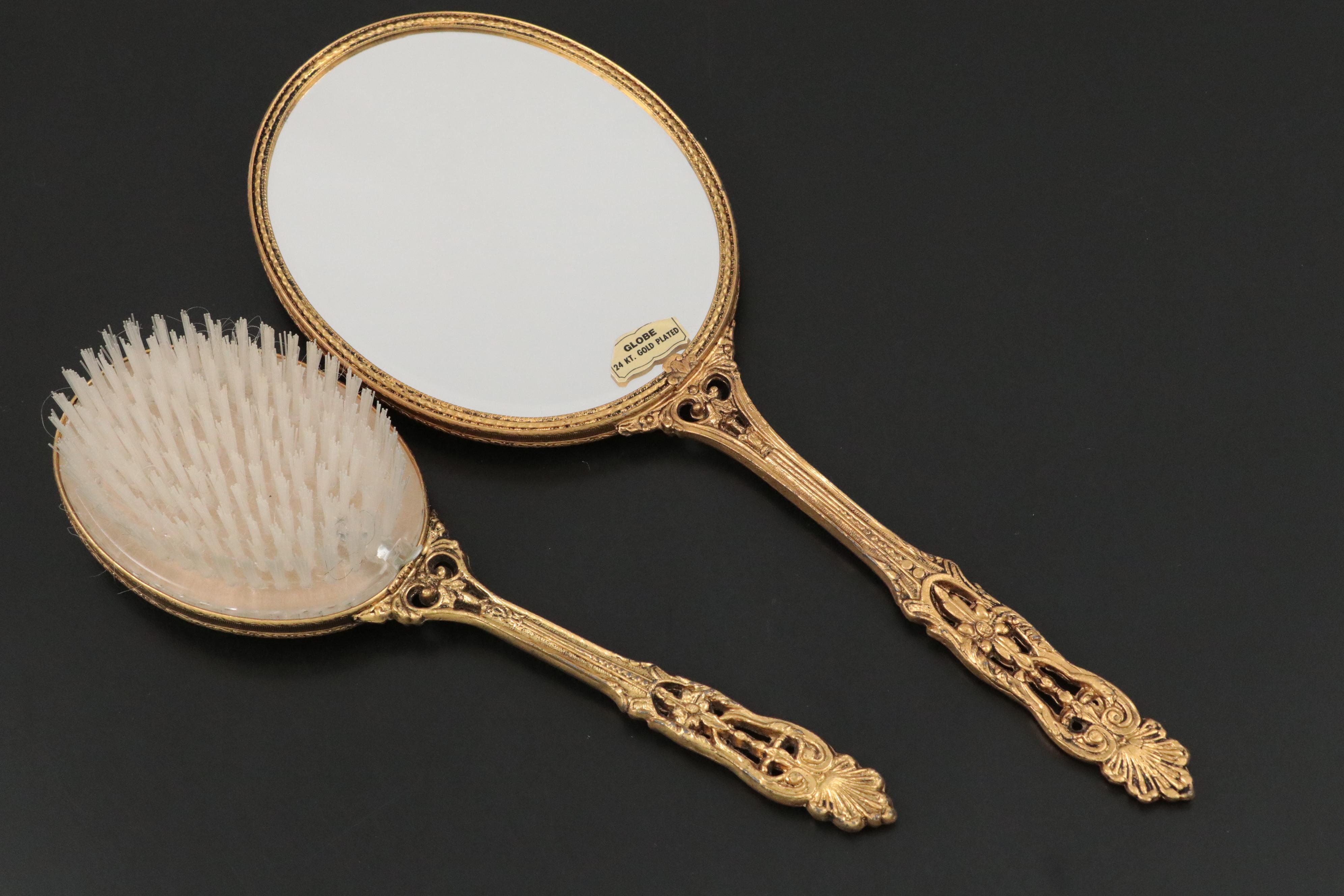 Globe 24K Gold Plated Hand Mirror and Brush with Other Mirrored Vanity Tray