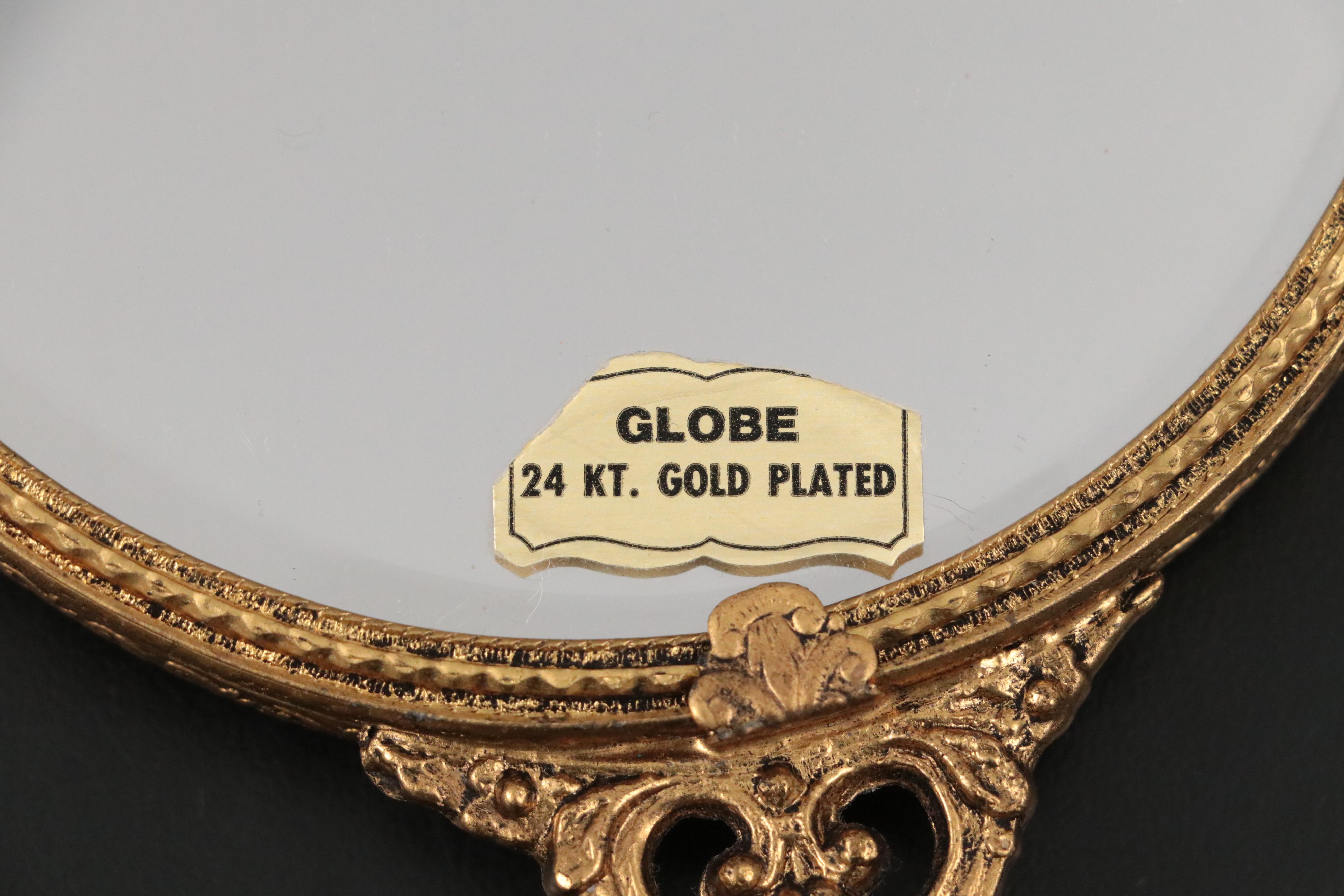 Globe 24K Gold Plated Hand Mirror and Brush with Other Mirrored Vanity Tray