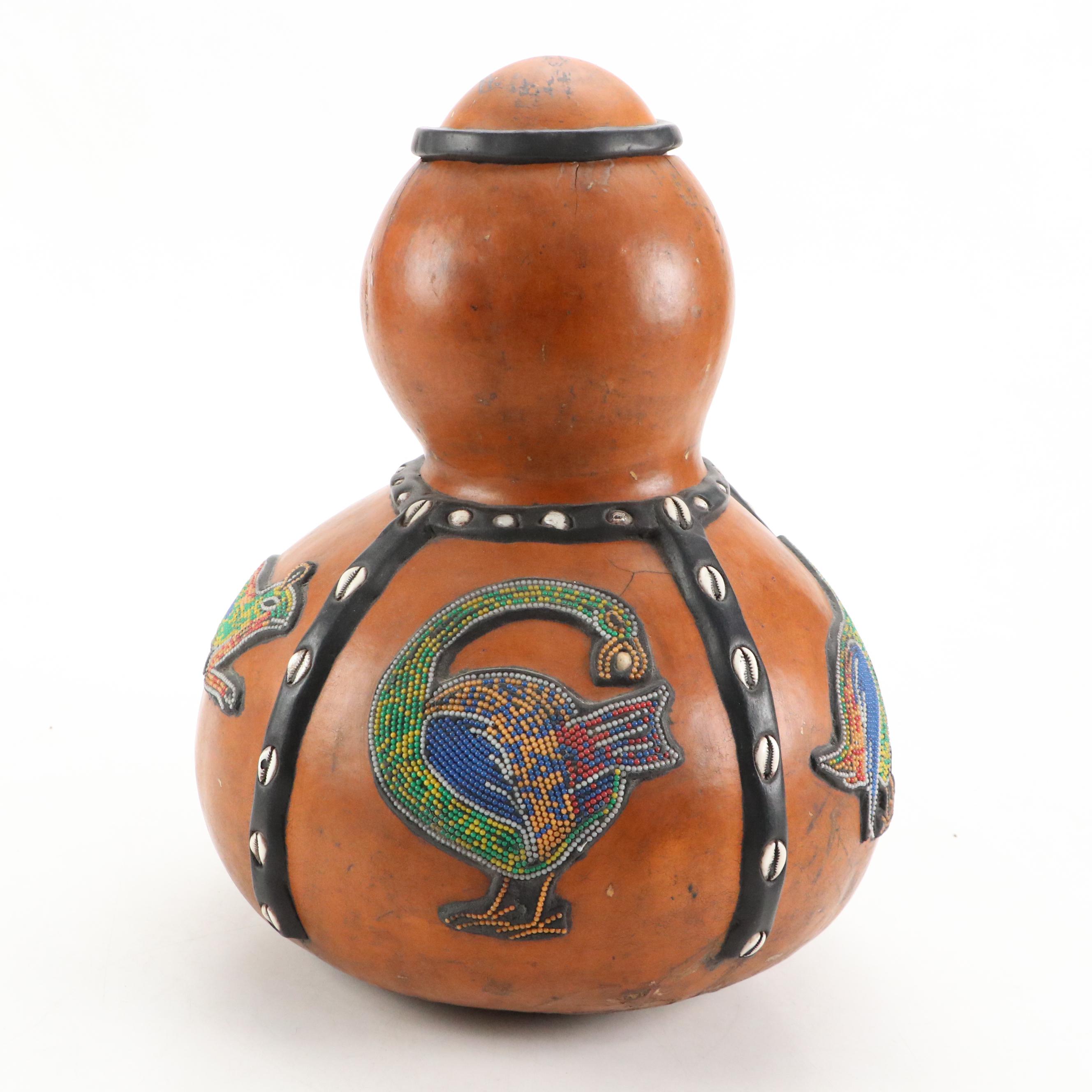 Ghana Ashanti Tribe Animals Beaded and Cowrie Shell Gourd