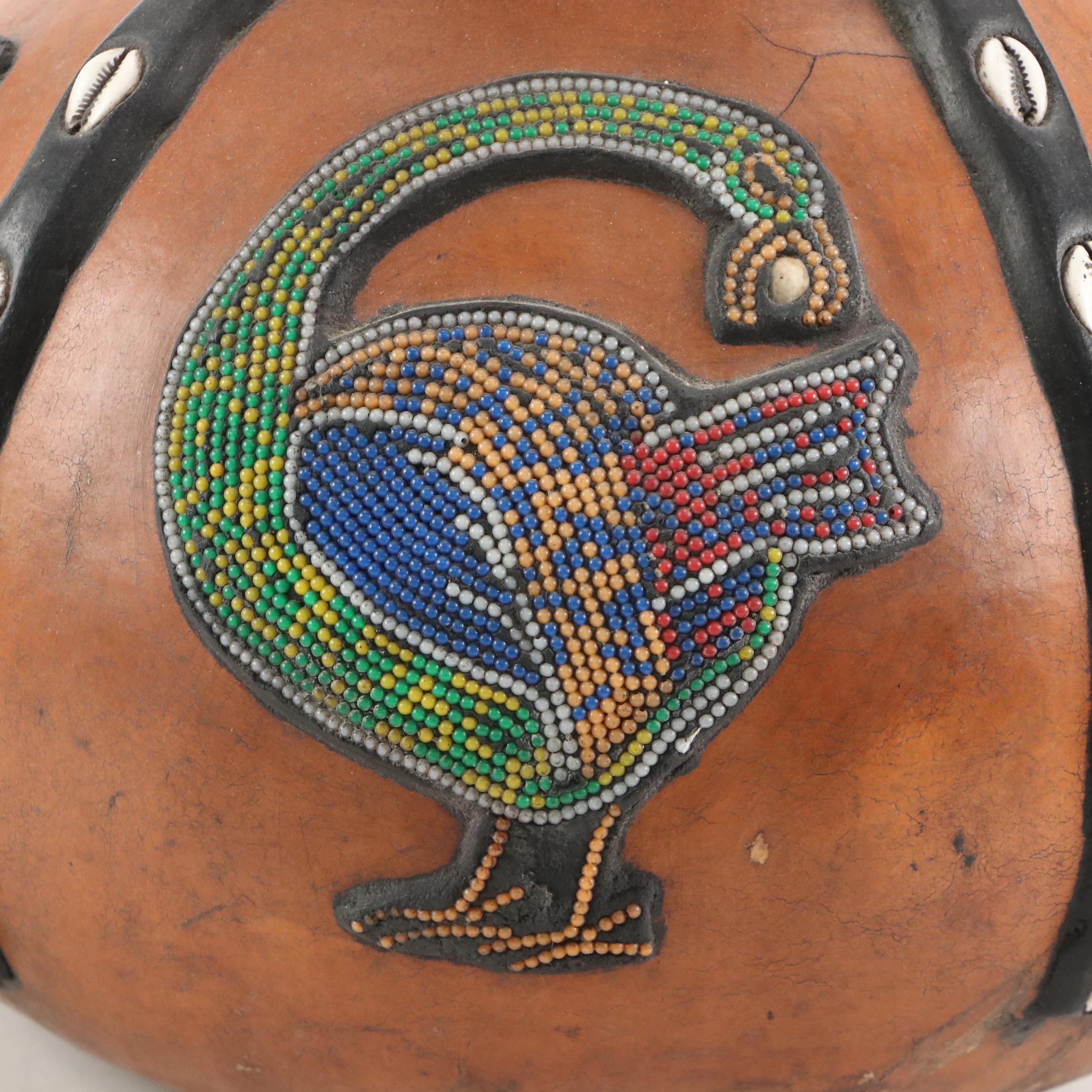 Ghana Ashanti Tribe Animals Beaded and Cowrie Shell Gourd