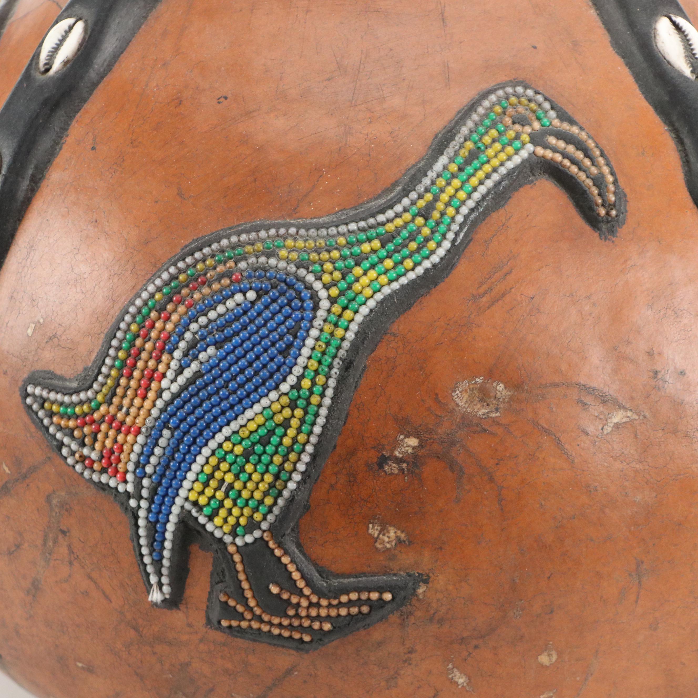 Ghana Ashanti Tribe Animals Beaded and Cowrie Shell Gourd