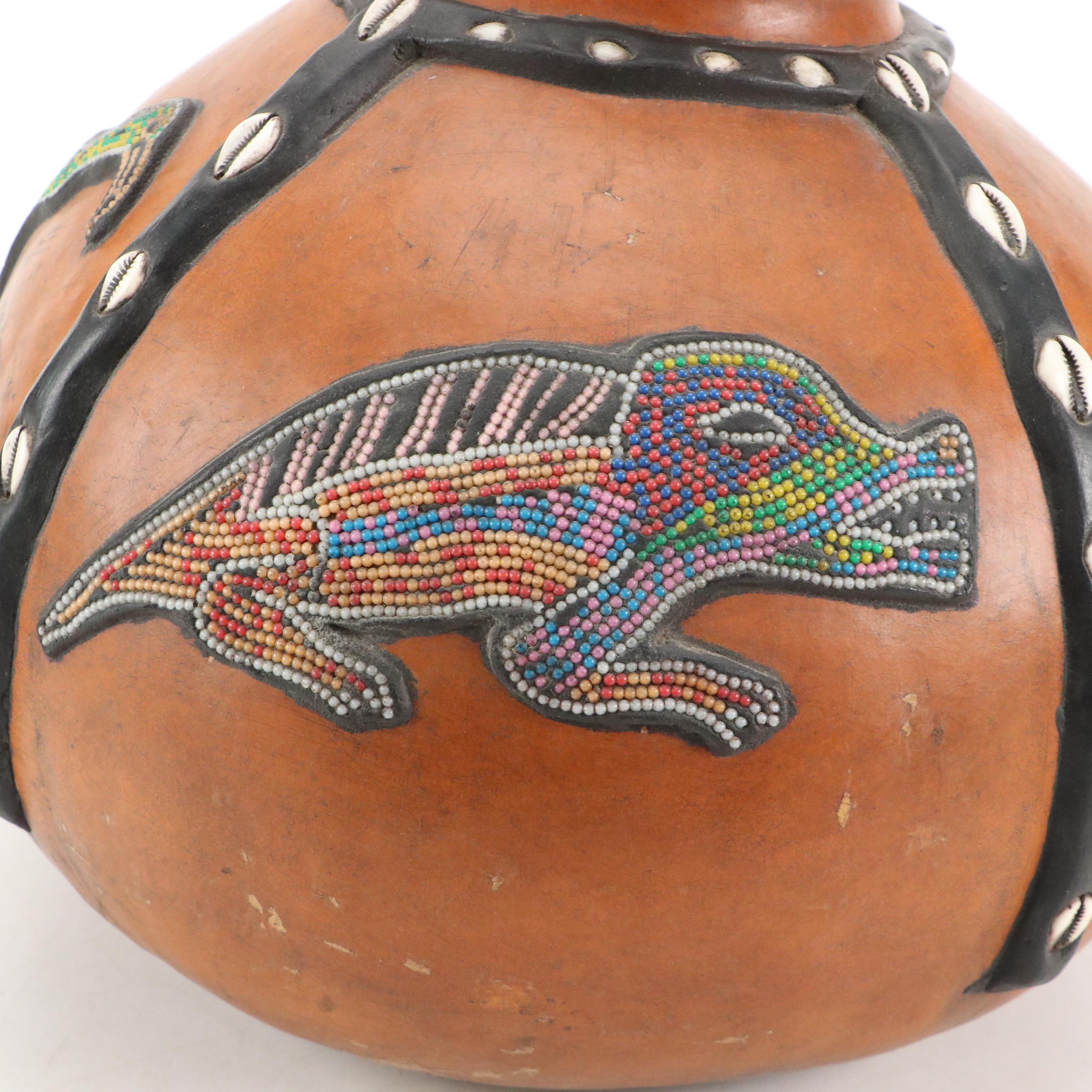 Ghana Ashanti Tribe Animals Beaded and Cowrie Shell Gourd