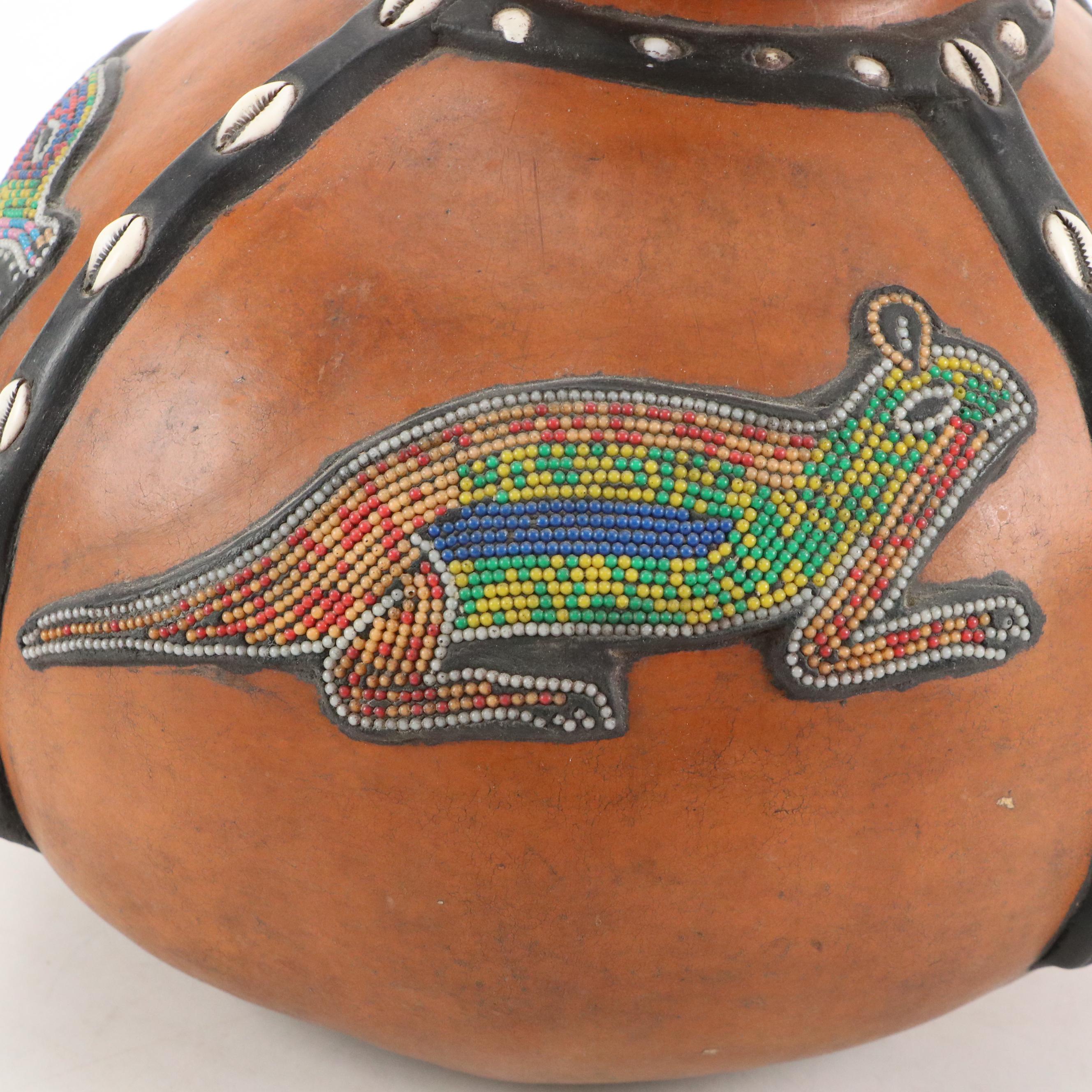 Ghana Ashanti Tribe Animals Beaded and Cowrie Shell Gourd