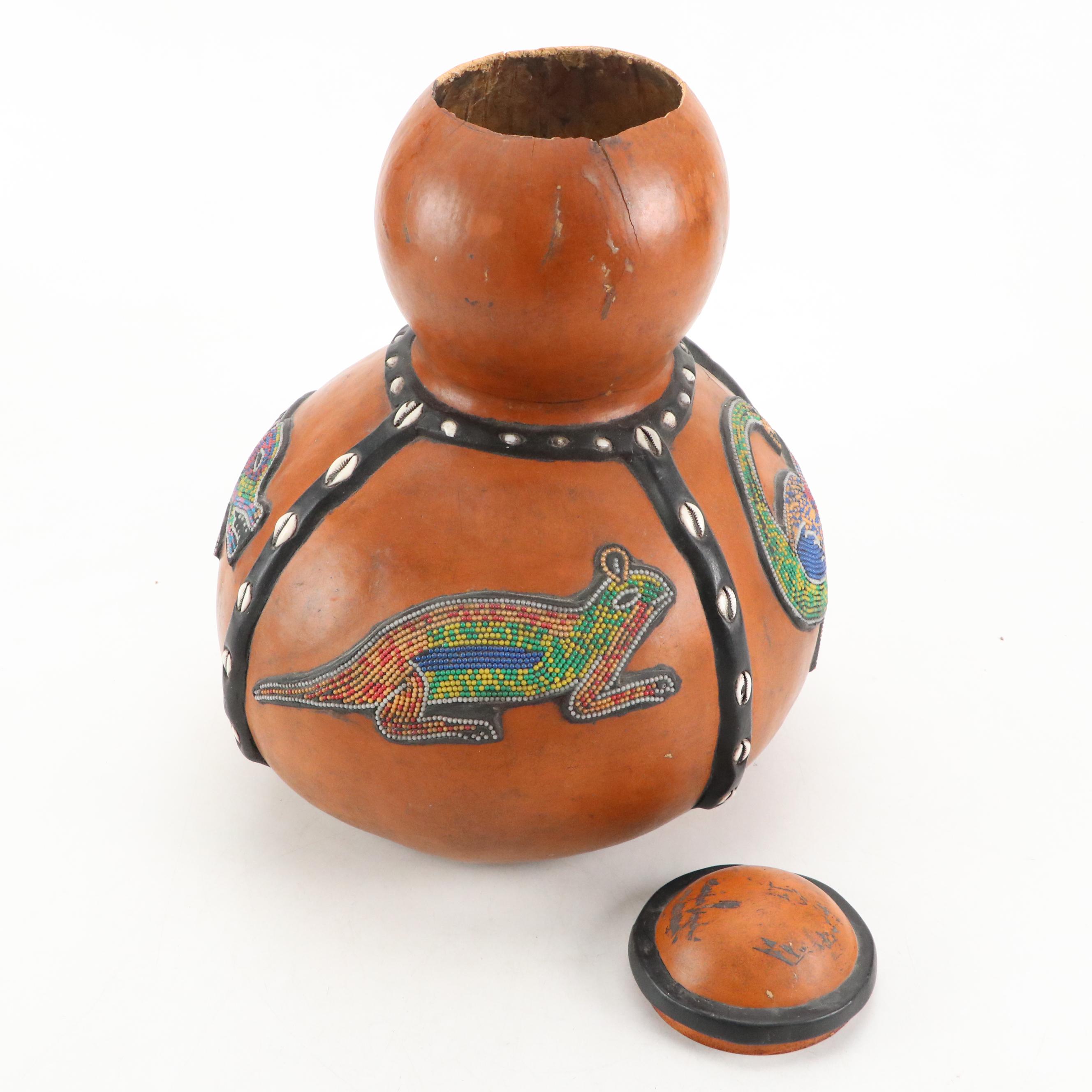 Ghana Ashanti Tribe Animals Beaded and Cowrie Shell Gourd