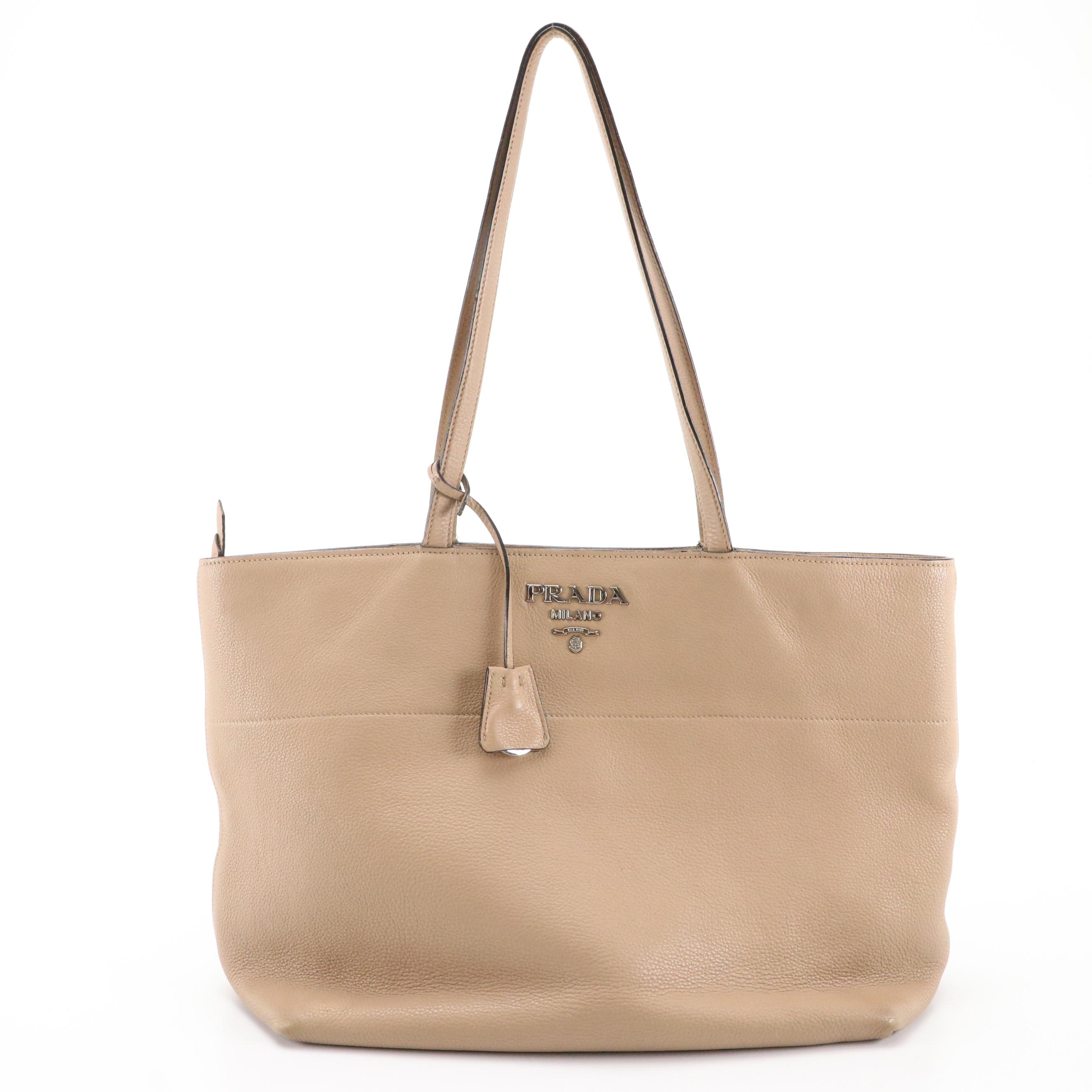 Prada Beige Grained Leather Shoulder Tote Bag
