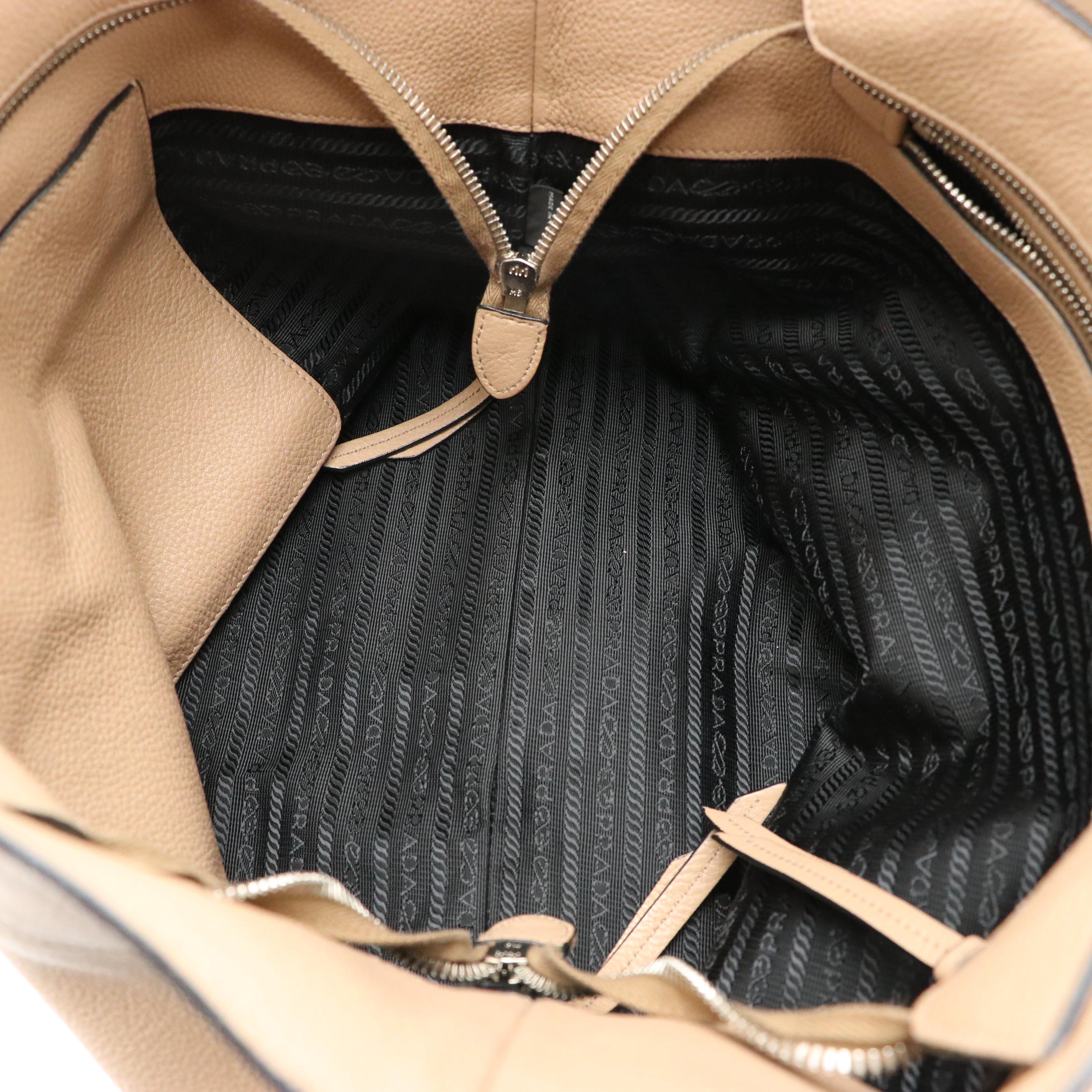 Prada Beige Grained Leather Shoulder Tote Bag