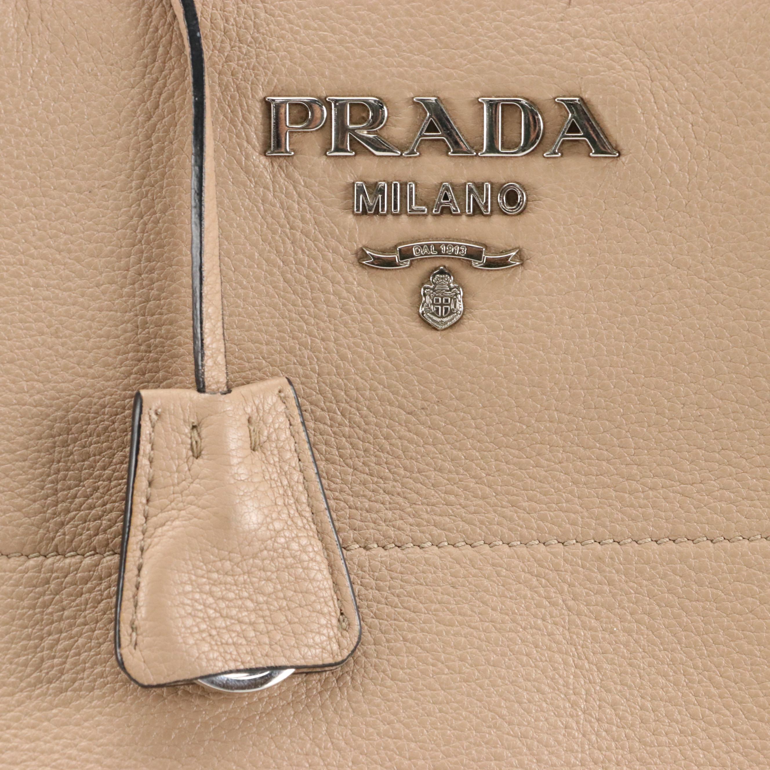 Prada Beige Grained Leather Shoulder Tote Bag