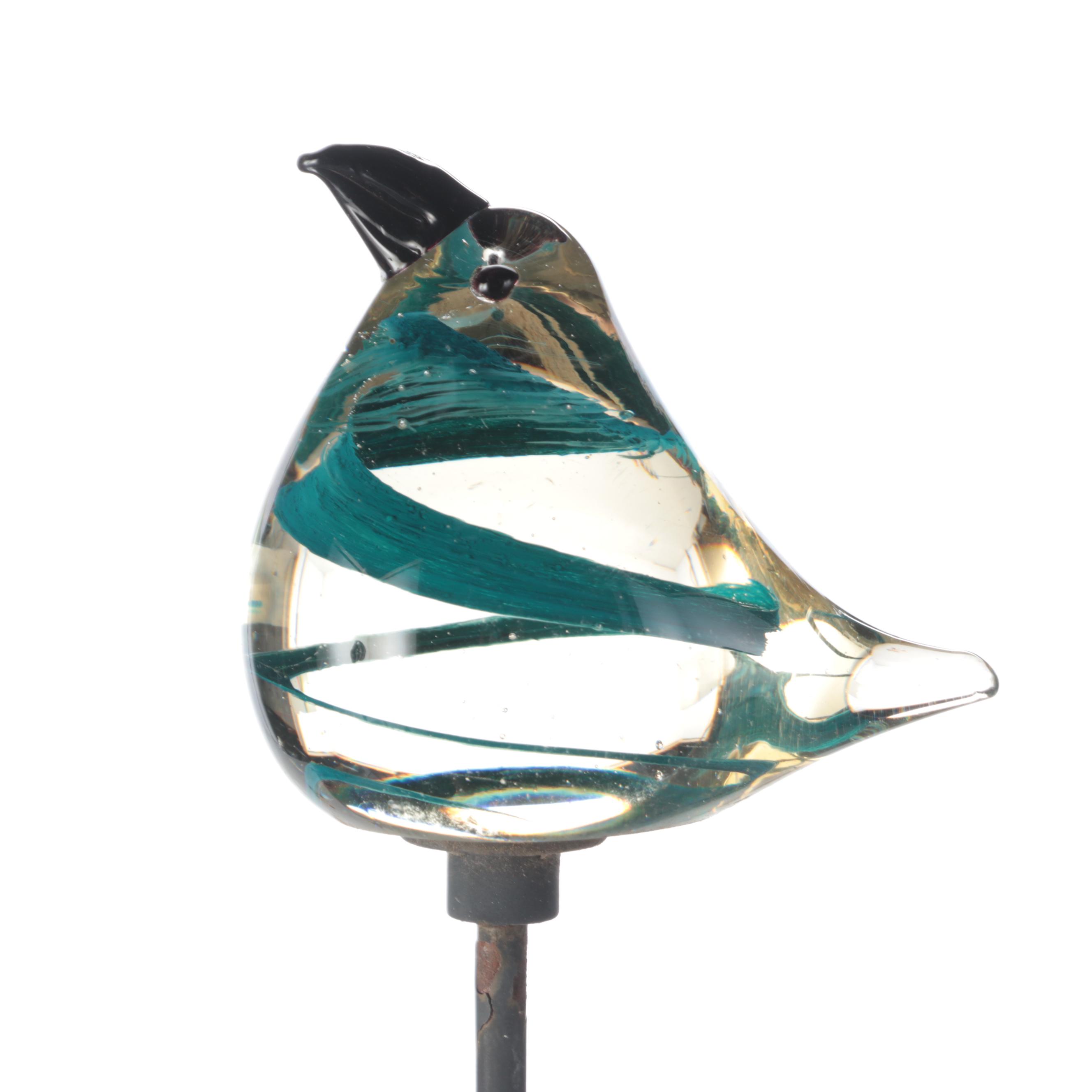 Glass Bird and Orb Garden Stakes with Ceramic Mushrooms