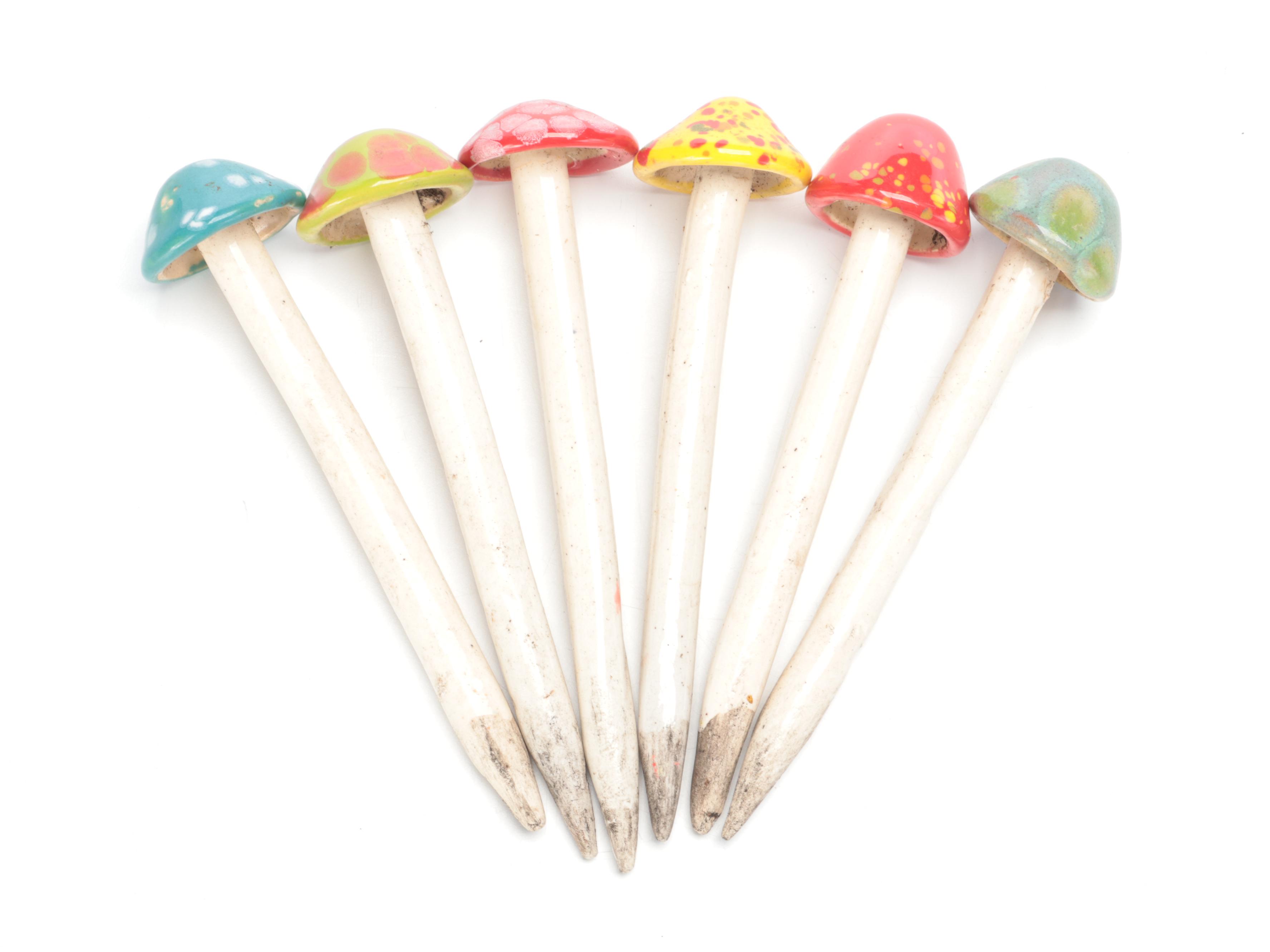 Glass Bird and Orb Garden Stakes with Ceramic Mushrooms