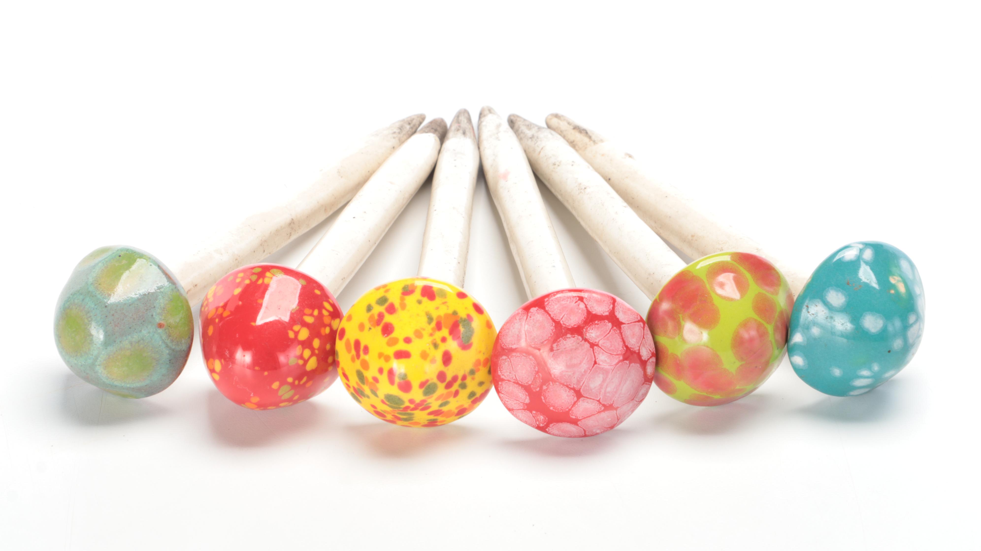 Glass Bird and Orb Garden Stakes with Ceramic Mushrooms