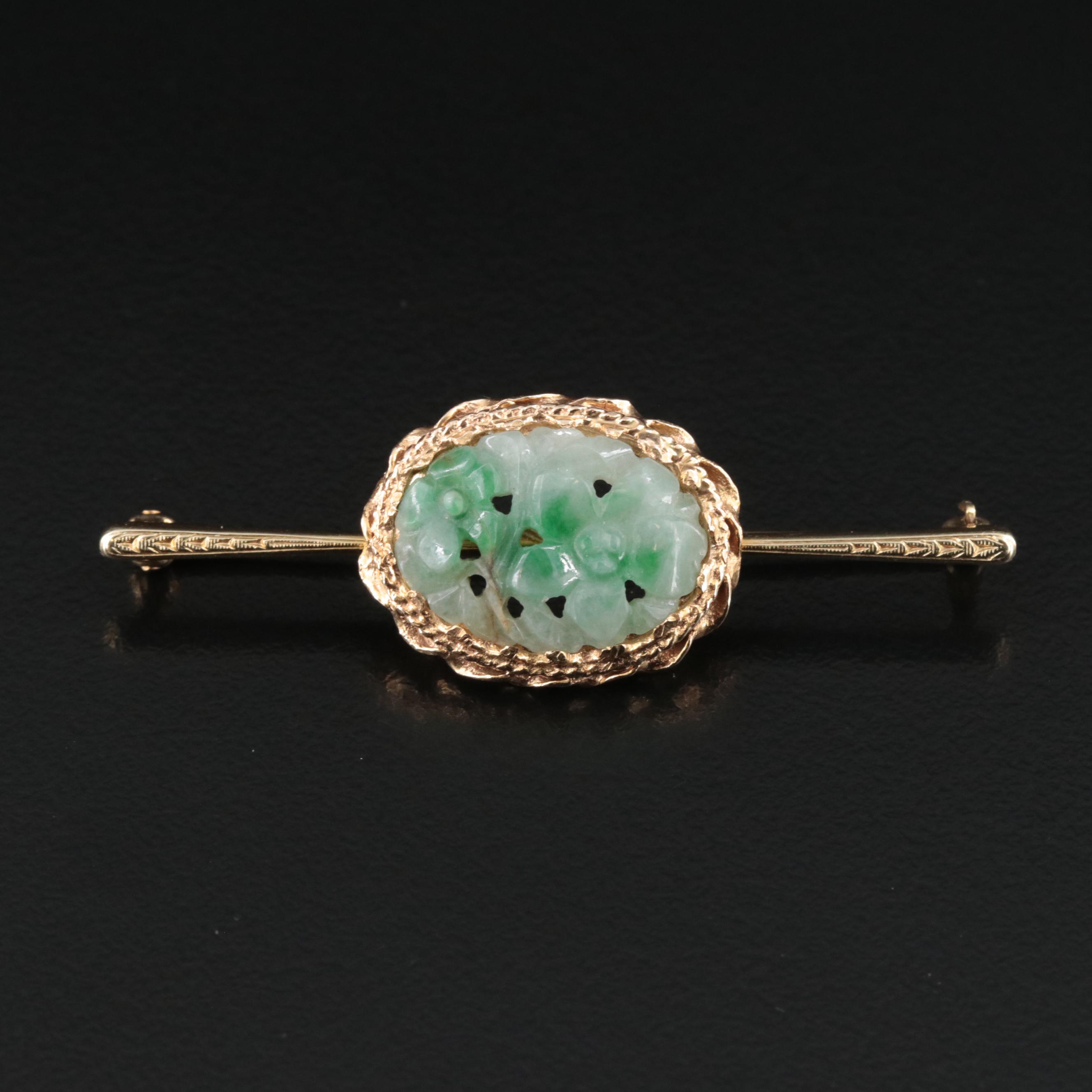 14K Carved Jadeite Floral Bar Pin