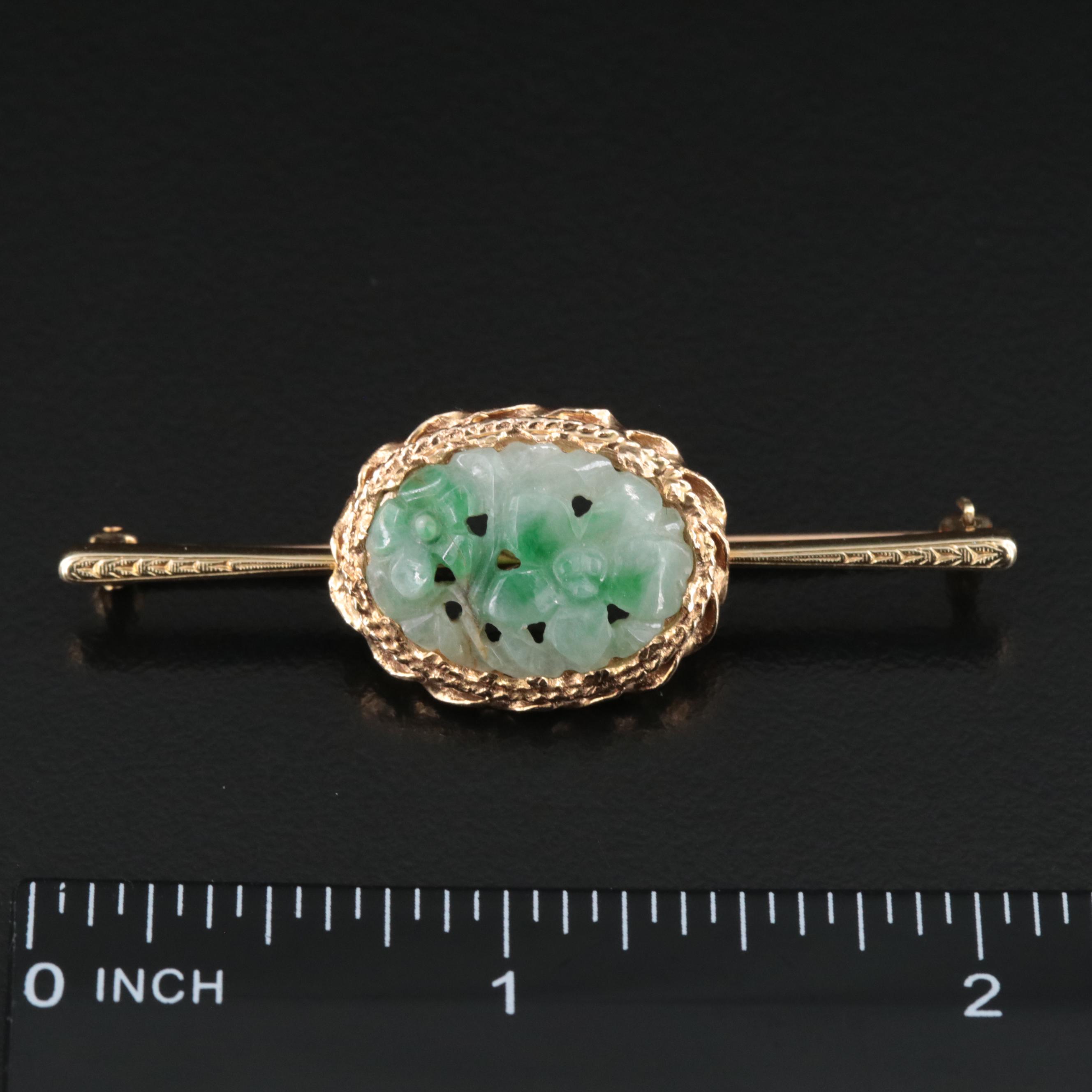 14K Carved Jadeite Floral Bar Pin