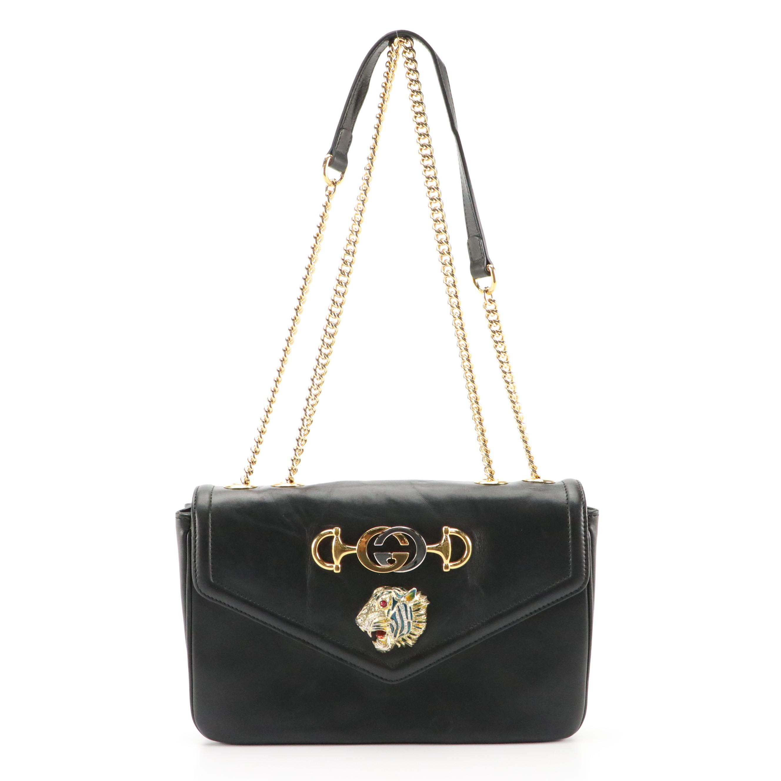 Gucci Rajah Embellished Black Leather Front Flap Chain Crossbody Bag