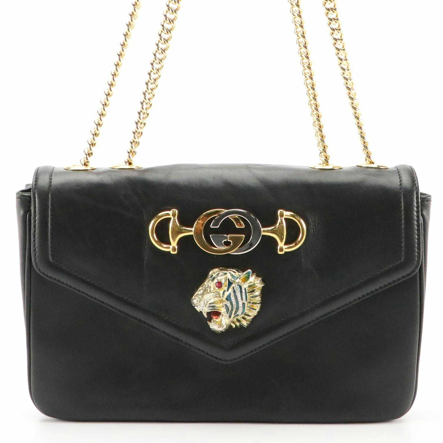 Gucci Rajah Embellished Black Leather Front Flap Chain Crossbody Bag