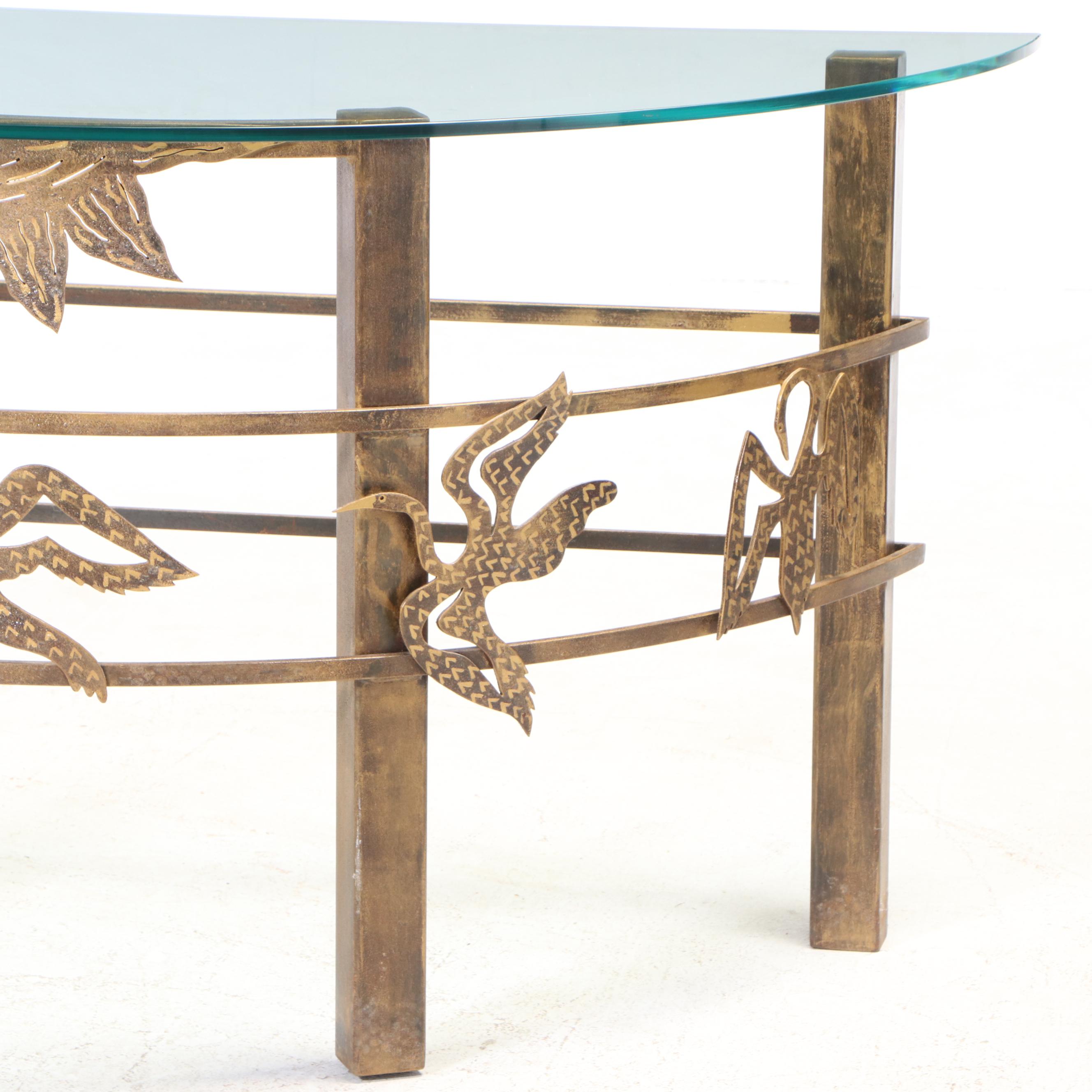 Contemporary Gilt Metal and Glass Top Demilune Console Table with Bird Motifs