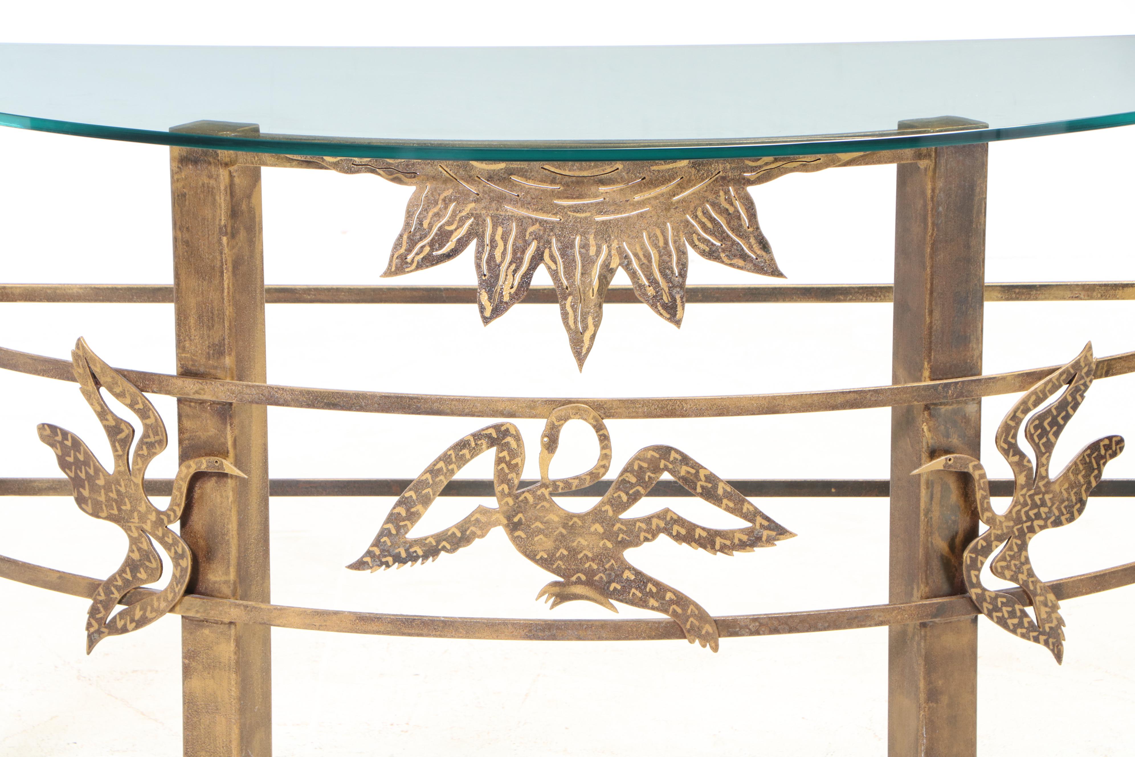 Contemporary Gilt Metal and Glass Top Demilune Console Table with Bird Motifs