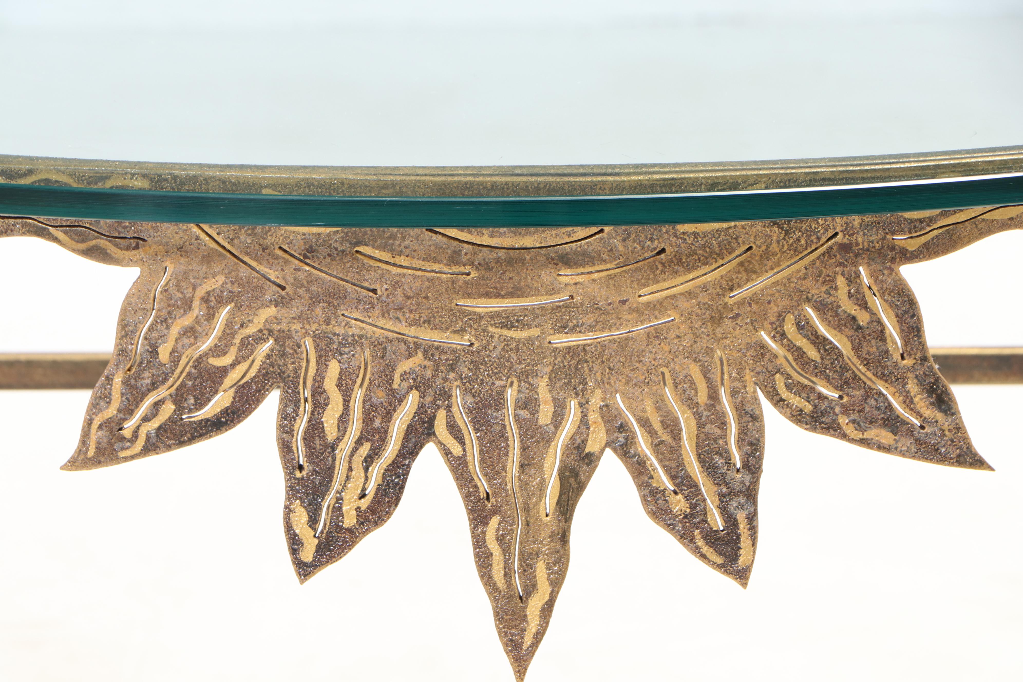 Contemporary Gilt Metal and Glass Top Demilune Console Table with Bird Motifs