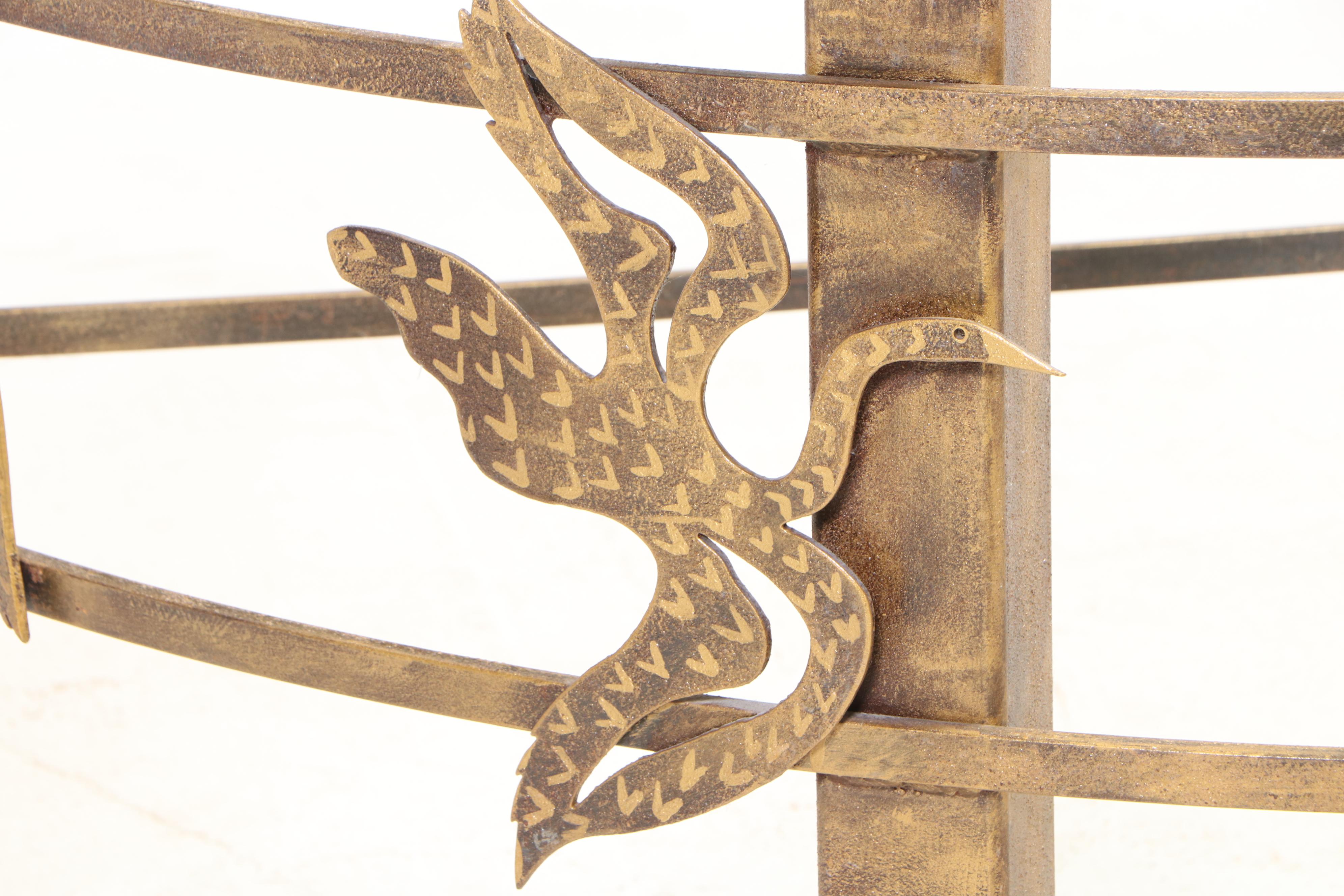 Contemporary Gilt Metal and Glass Top Demilune Console Table with Bird Motifs