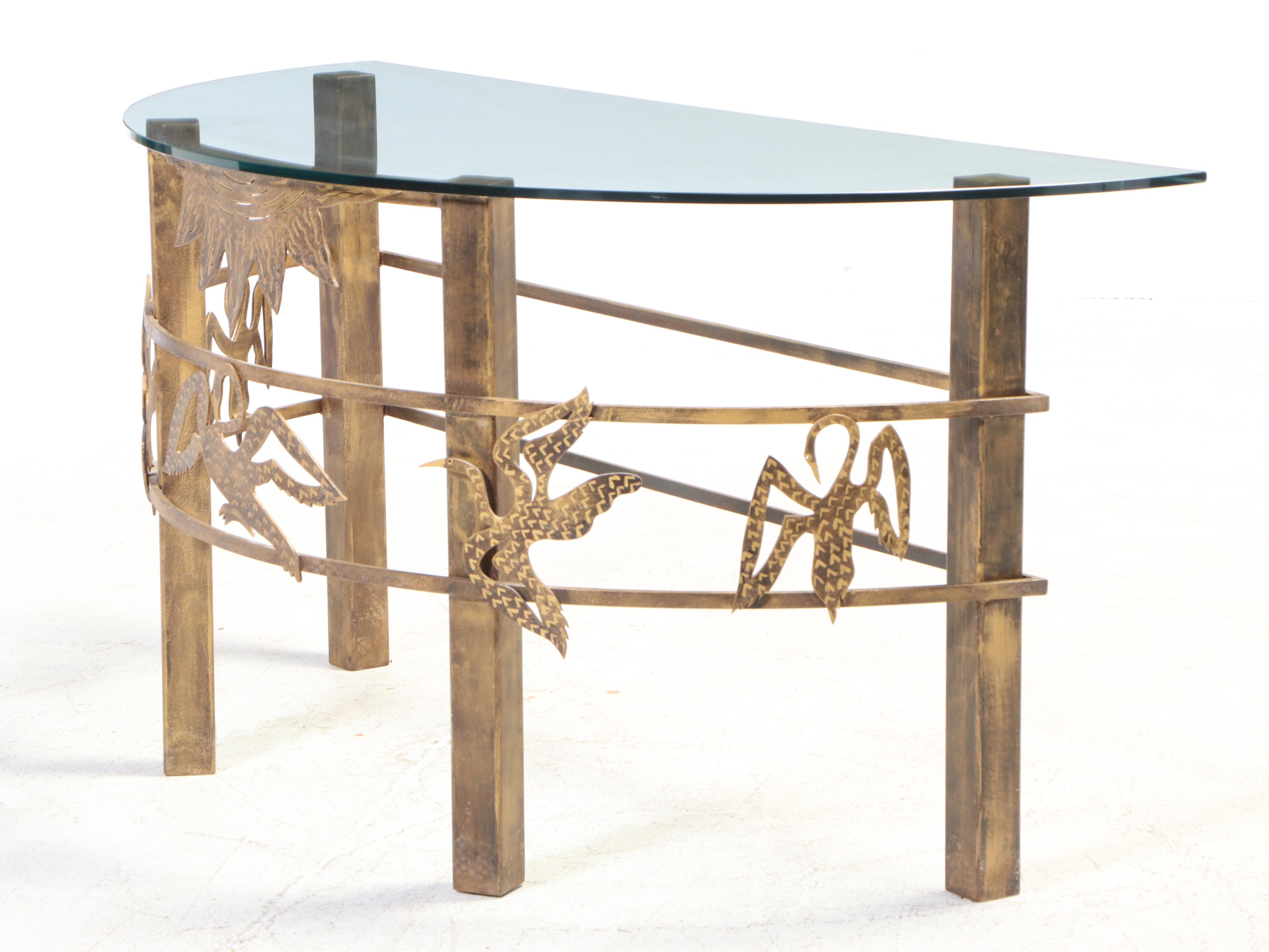 Contemporary Gilt Metal and Glass Top Demilune Console Table with Bird Motifs