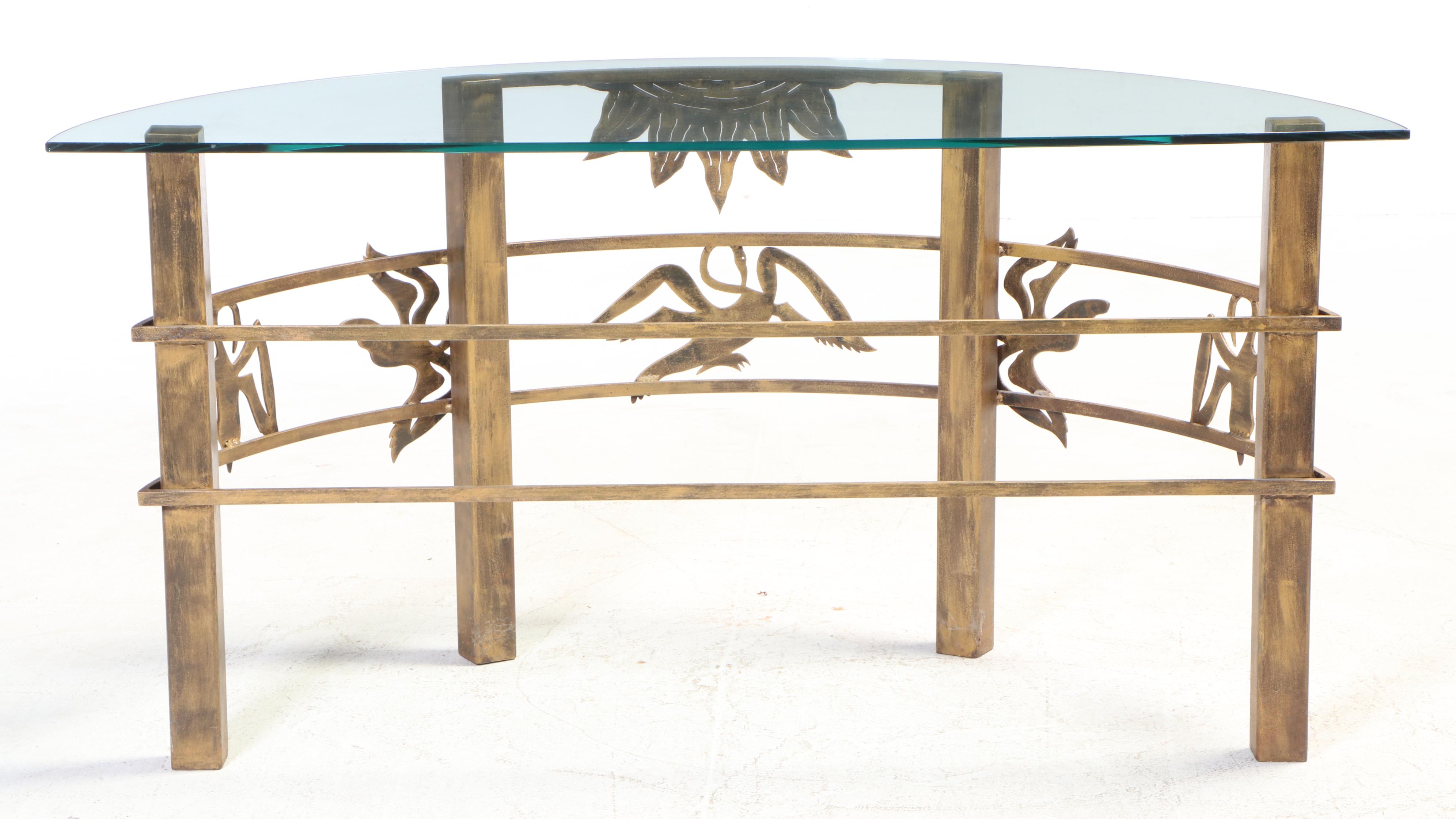 Contemporary Gilt Metal and Glass Top Demilune Console Table with Bird Motifs