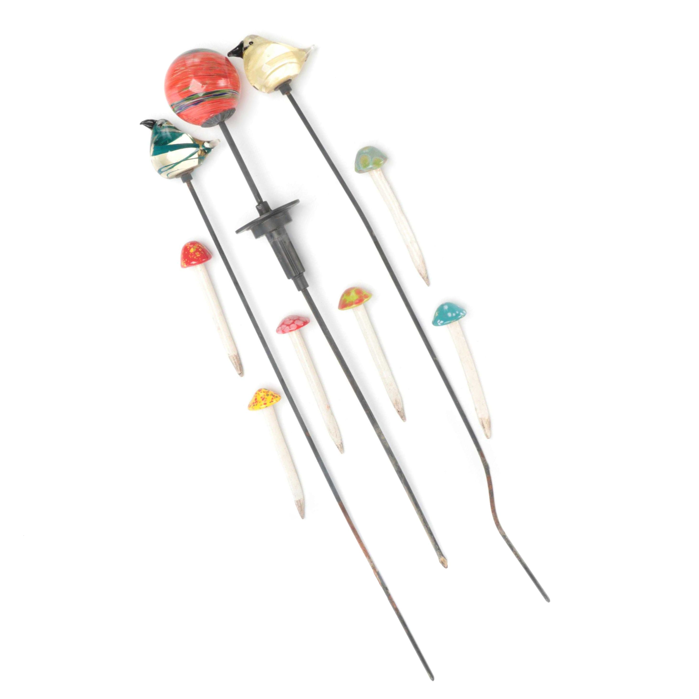 Glass Bird and Orb Garden Stakes with Ceramic Mushrooms