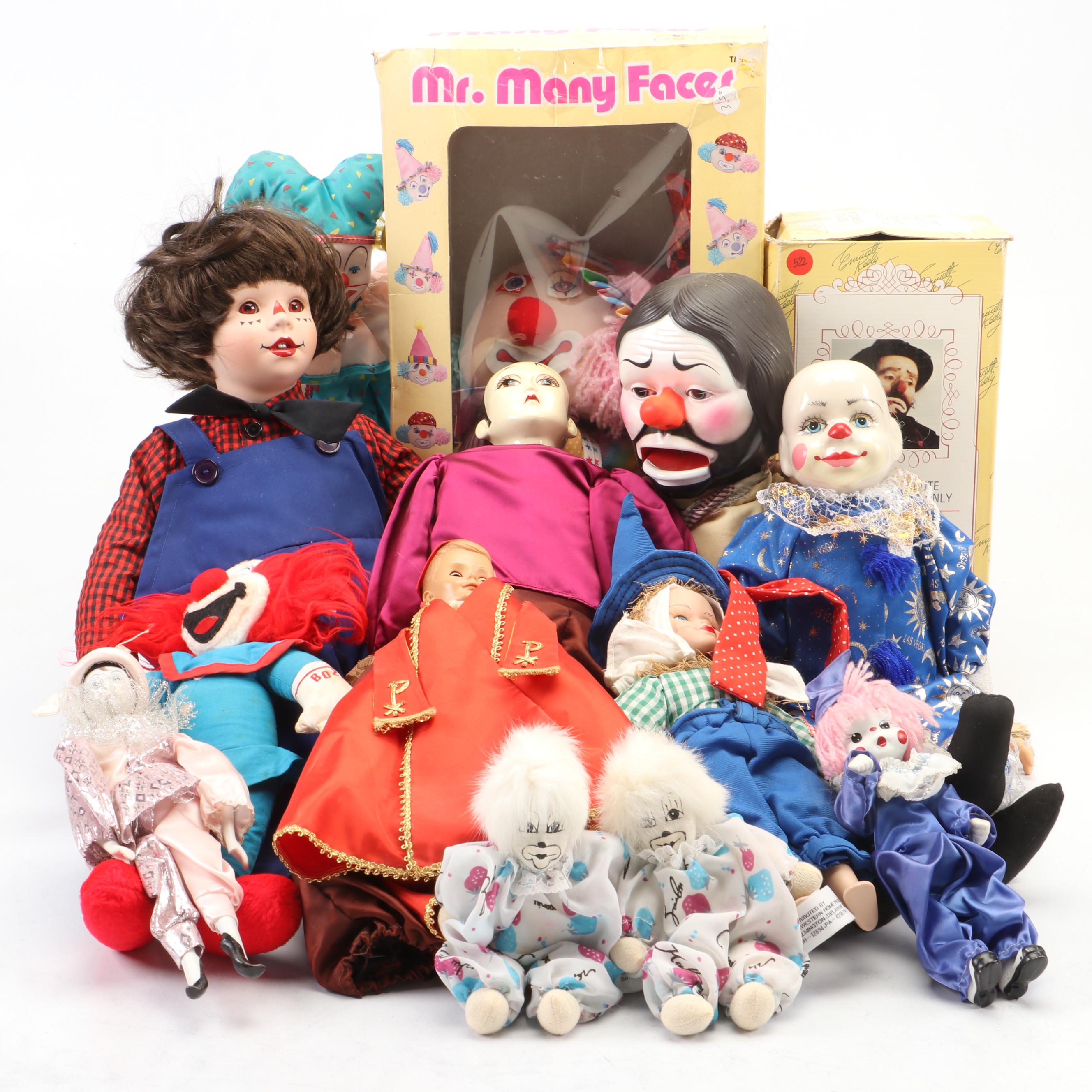 Musical Emmett Kelly as "Weary Willie" Porcelain Doll with Other Clown Dolls