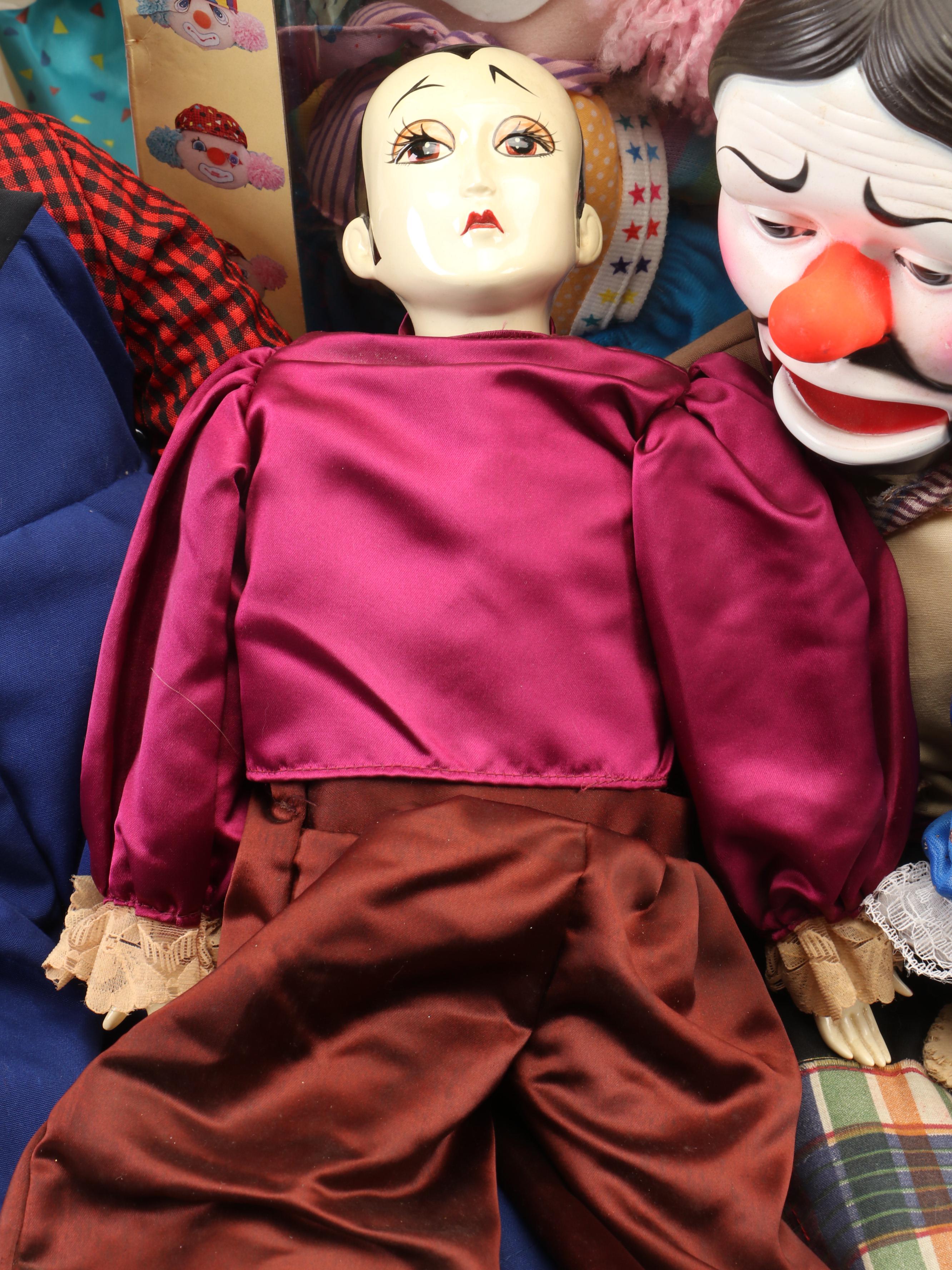 Musical Emmett Kelly as "Weary Willie" Porcelain Doll with Other Clown Dolls