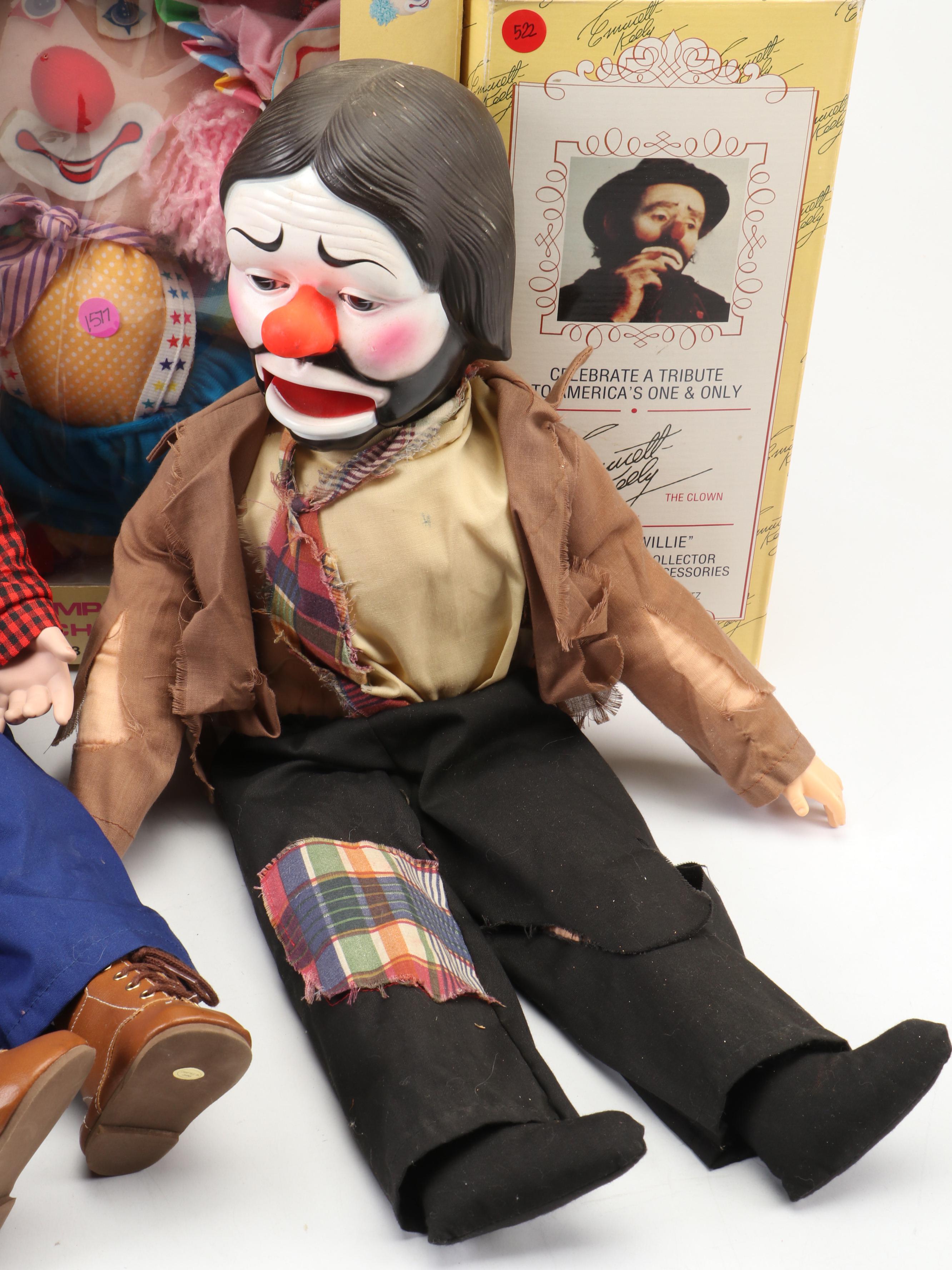 Musical Emmett Kelly as "Weary Willie" Porcelain Doll with Other Clown Dolls