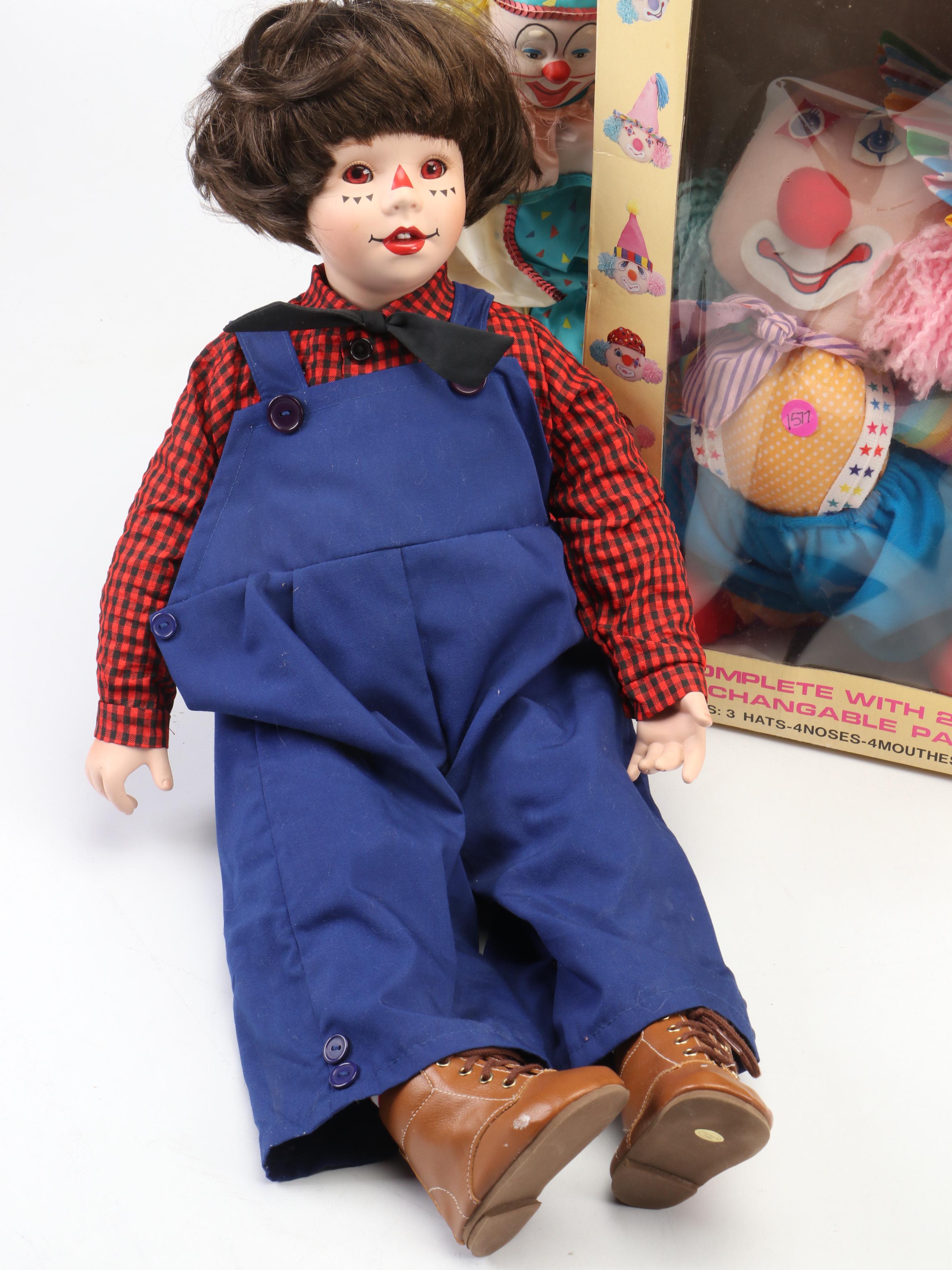 Musical Emmett Kelly as "Weary Willie" Porcelain Doll with Other Clown Dolls
