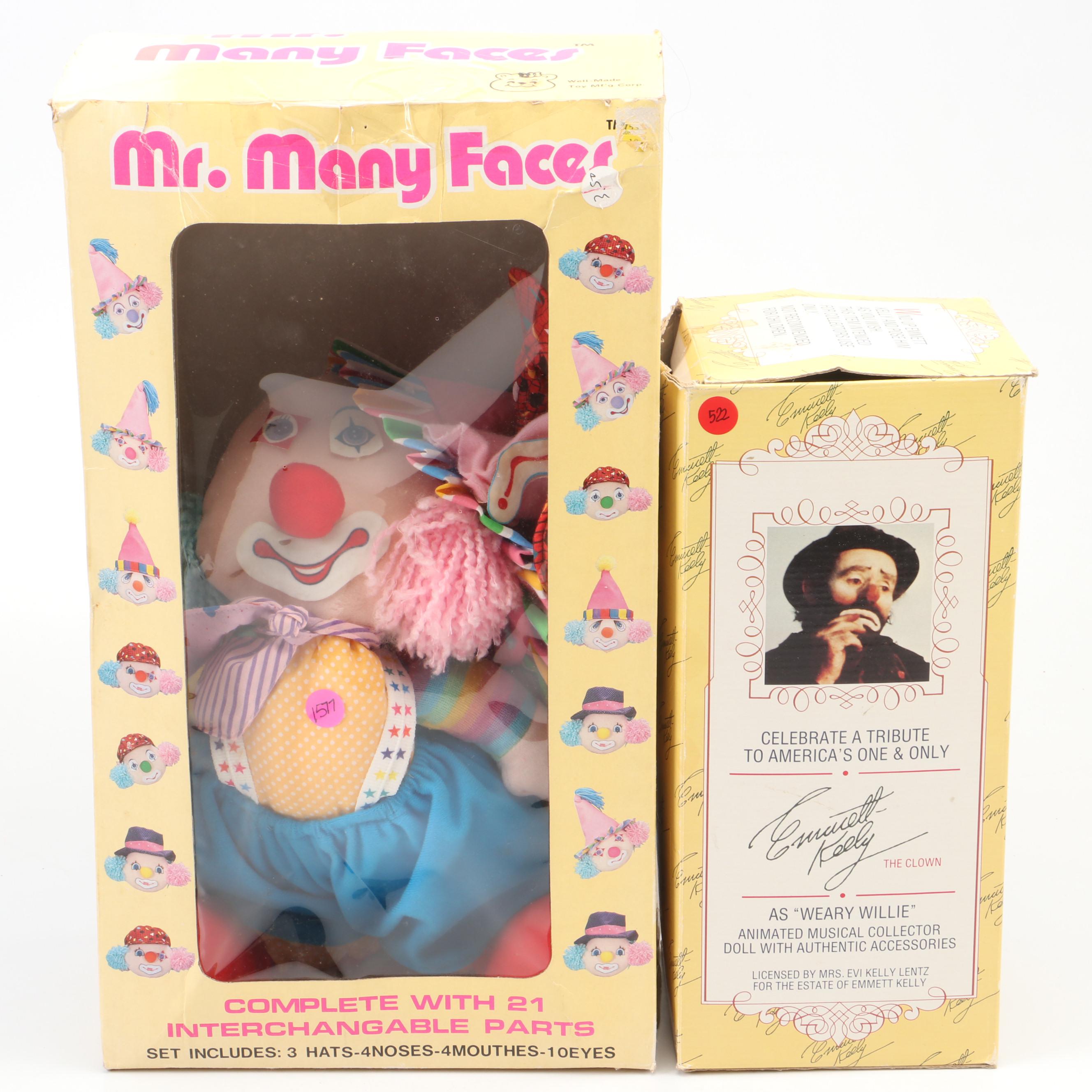 Musical Emmett Kelly as "Weary Willie" Porcelain Doll with Other Clown Dolls