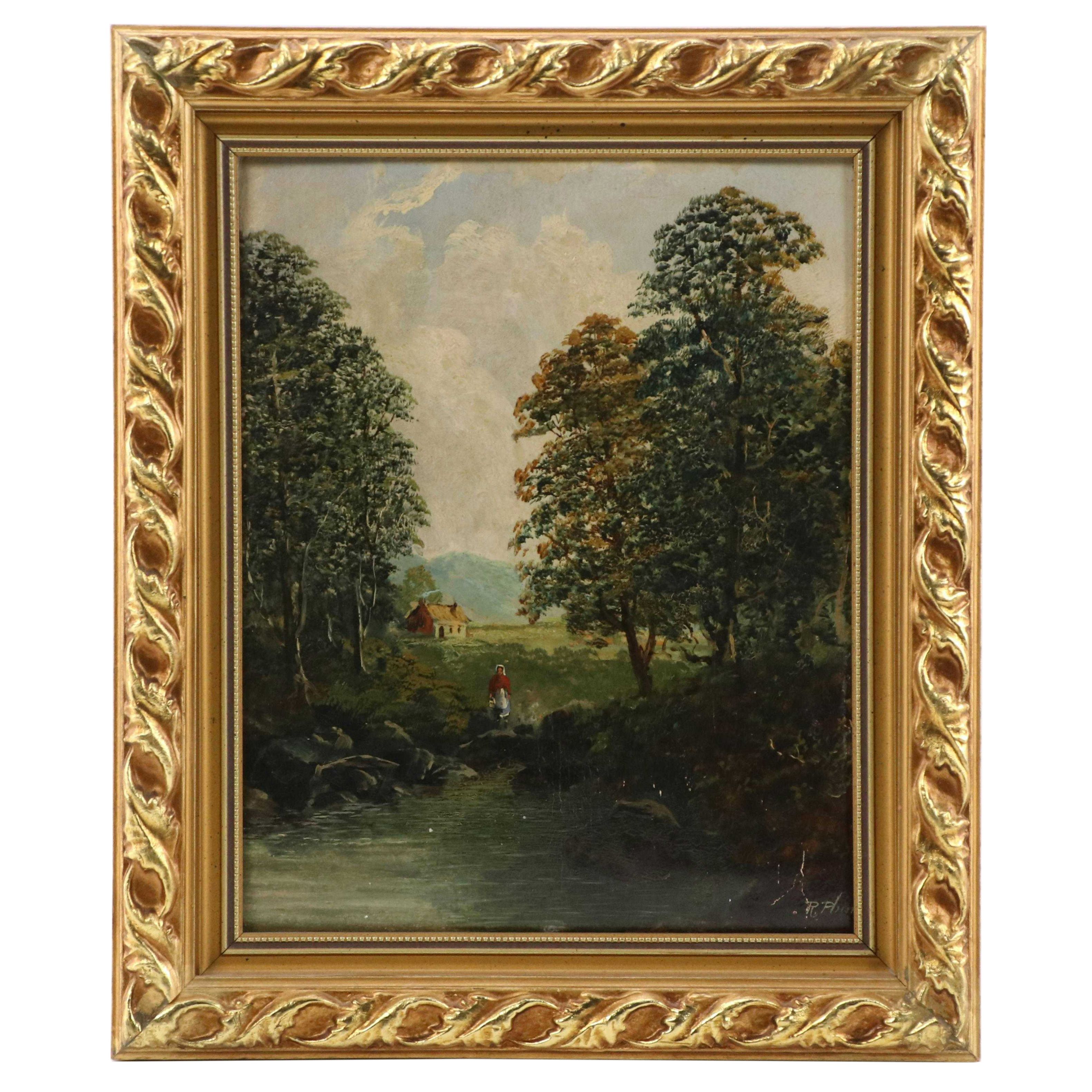 R. Plum Oil Painting of Central European Landscape
