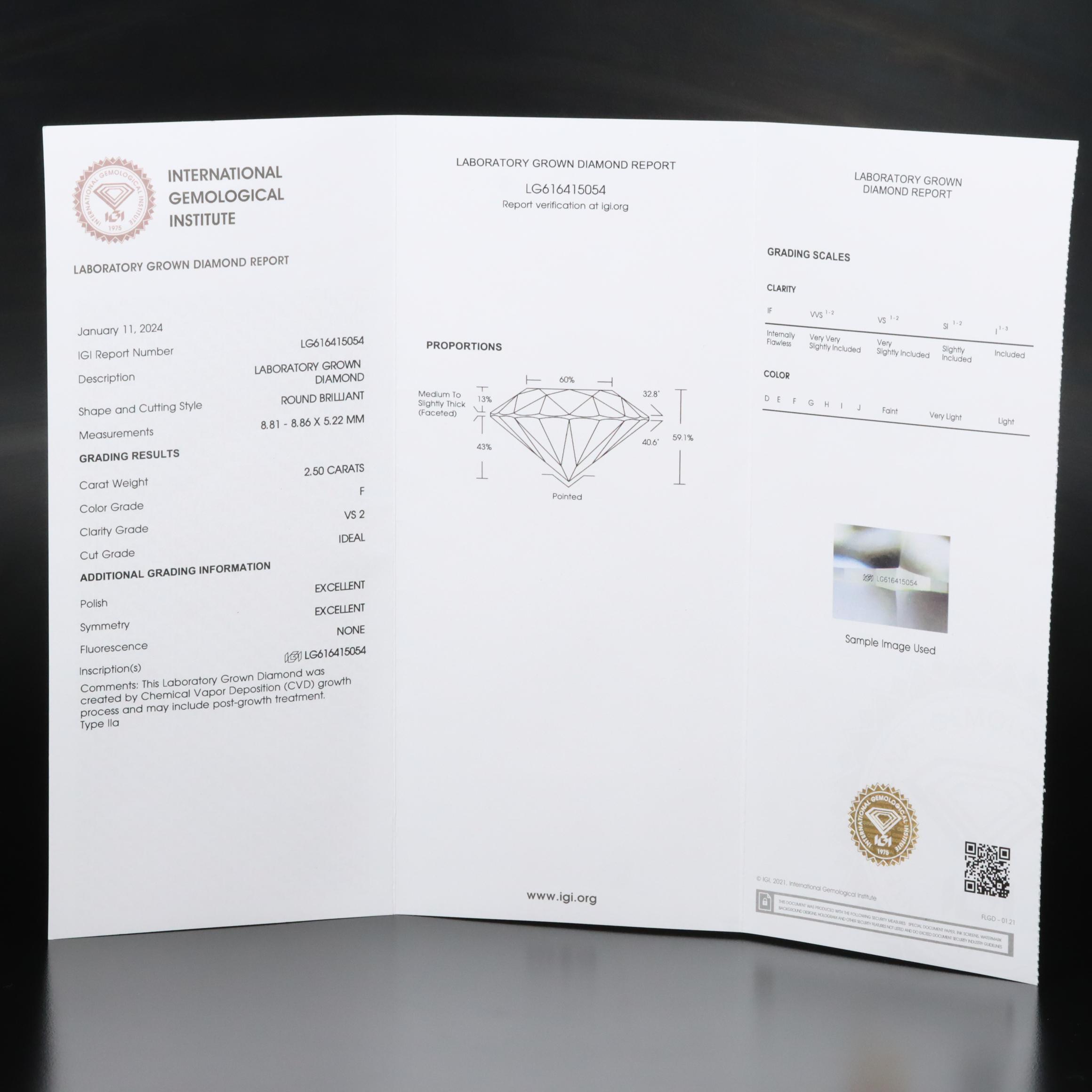 14K 2.50 CT Lab Grown Diamond Solitaire Pendant Necklace with IGI Report