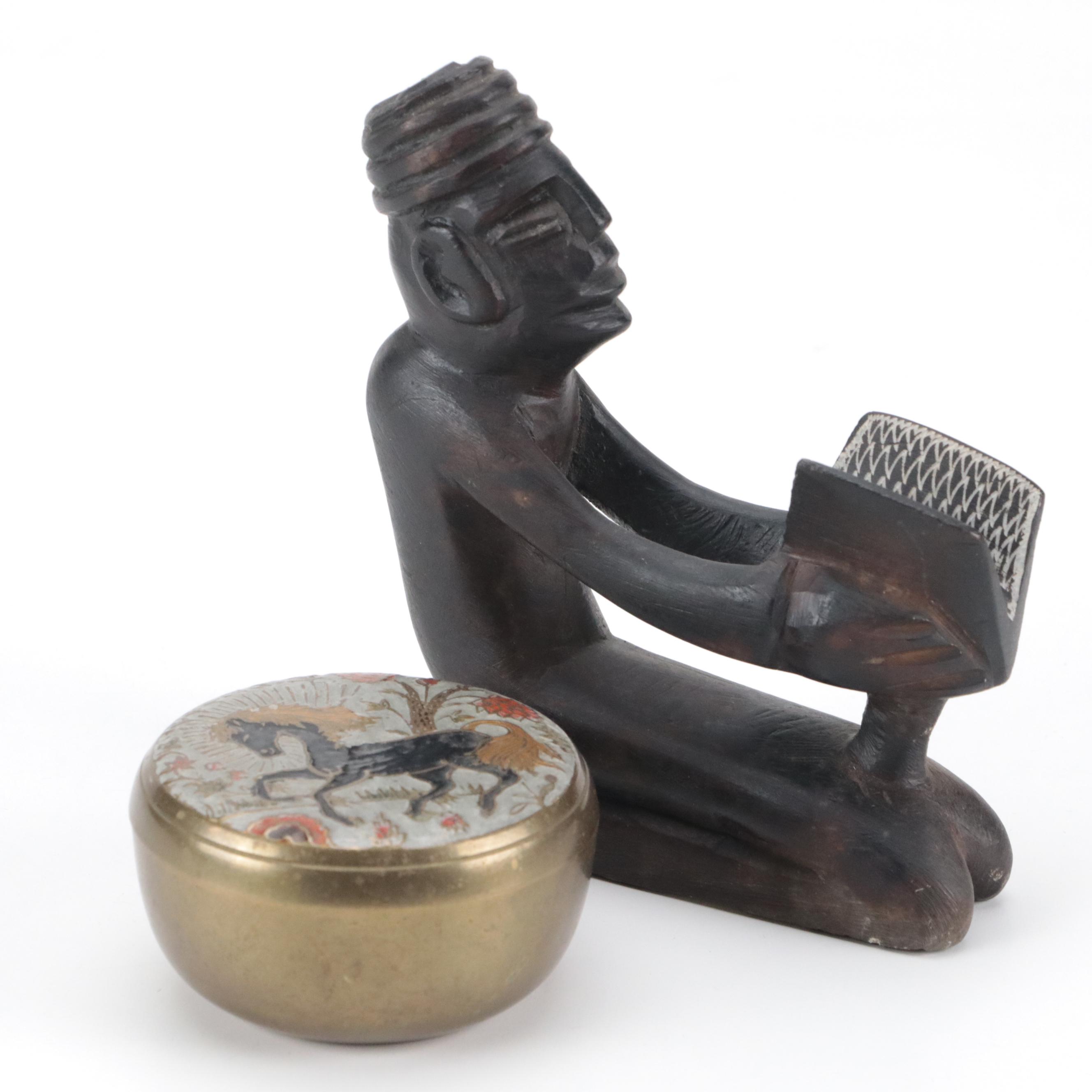 Horse Motif Enameled Brass Box with Moroccan Metal Figural Paperweight