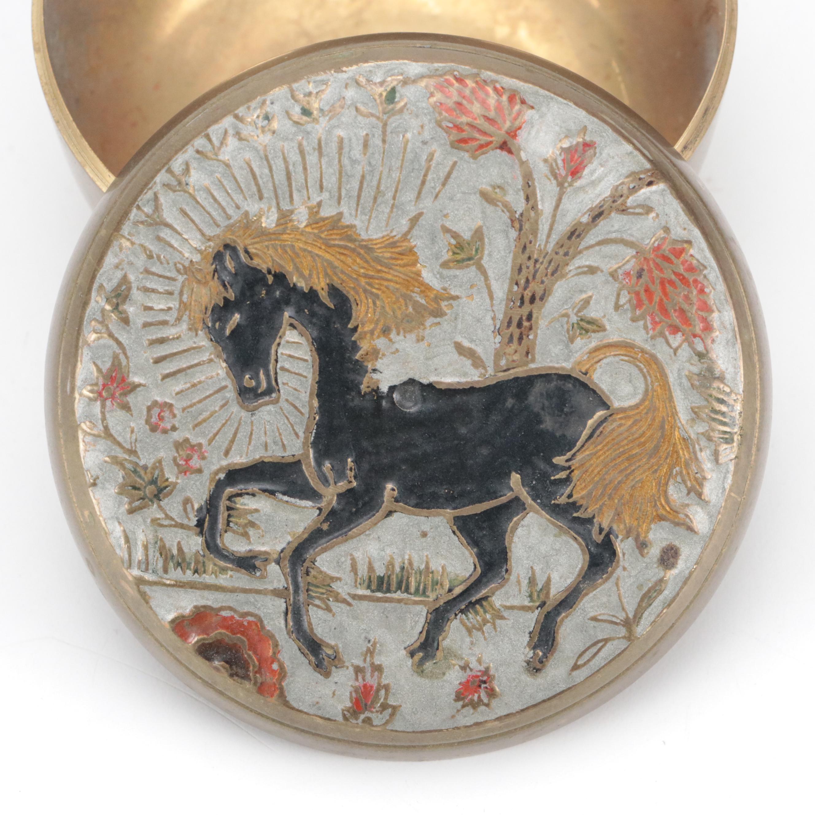 Horse Motif Enameled Brass Box with Moroccan Metal Figural Paperweight