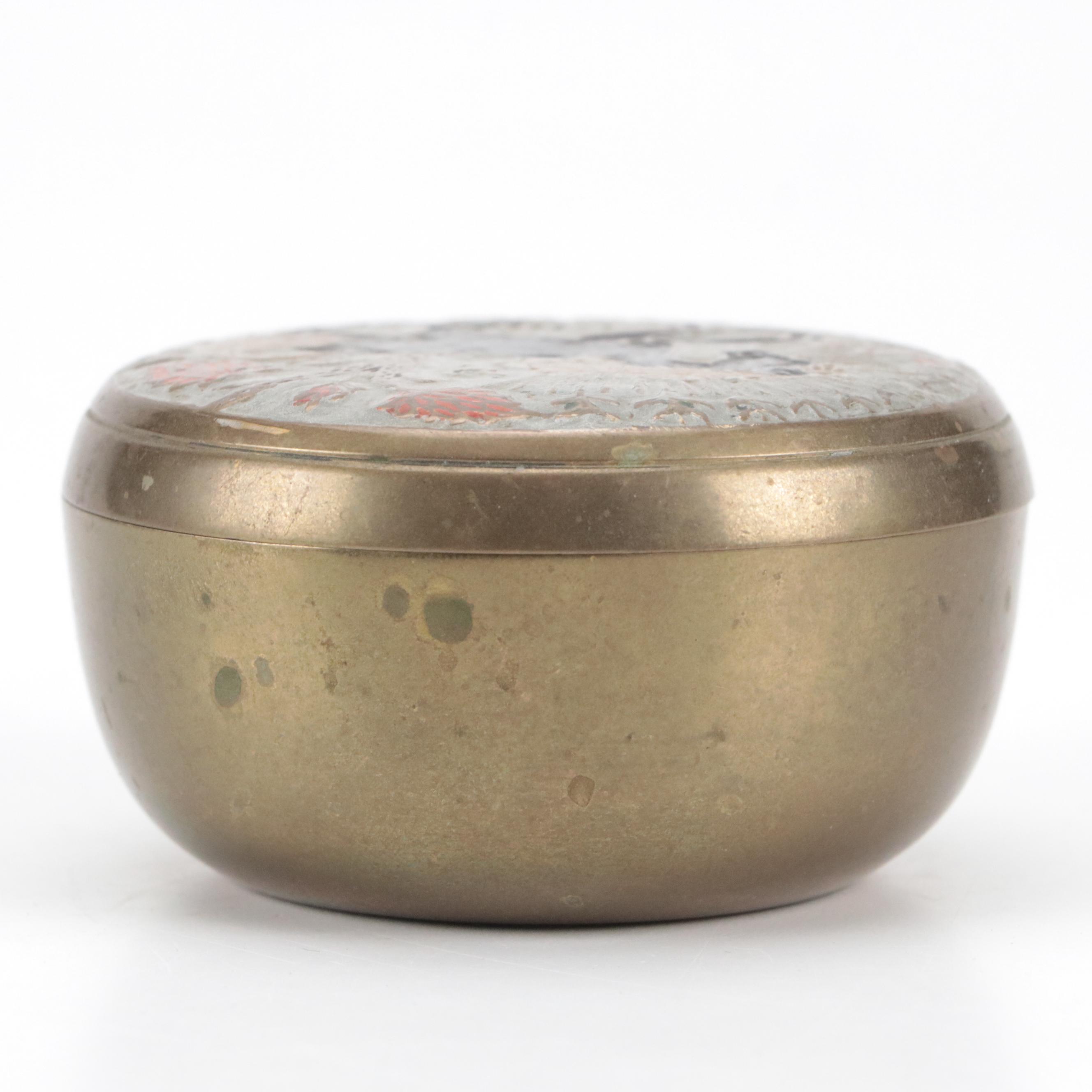 Horse Motif Enameled Brass Box with Moroccan Metal Figural Paperweight