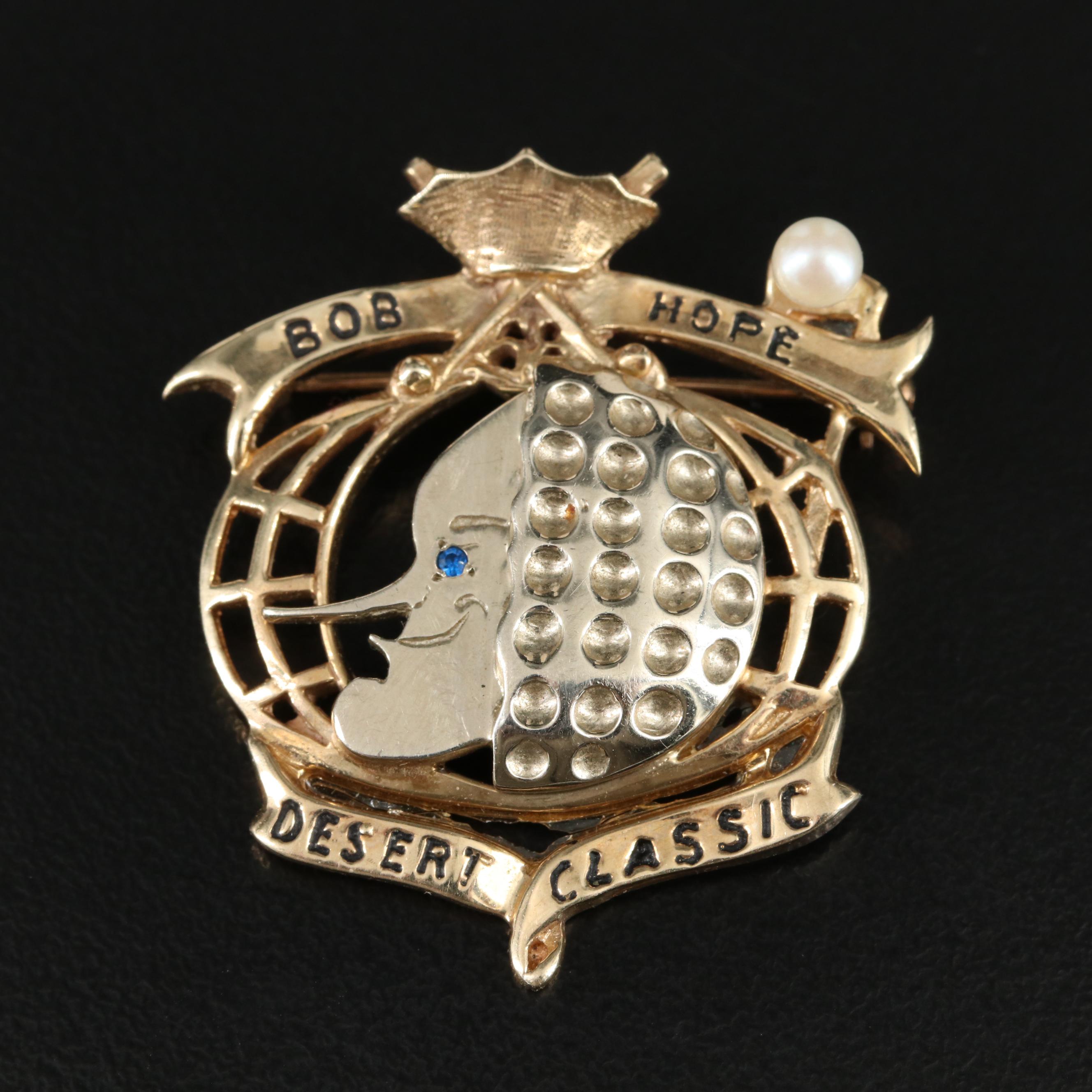 14K Two Tone Pearl and Spinel Bob Hope Desert Classic Converter Brooch