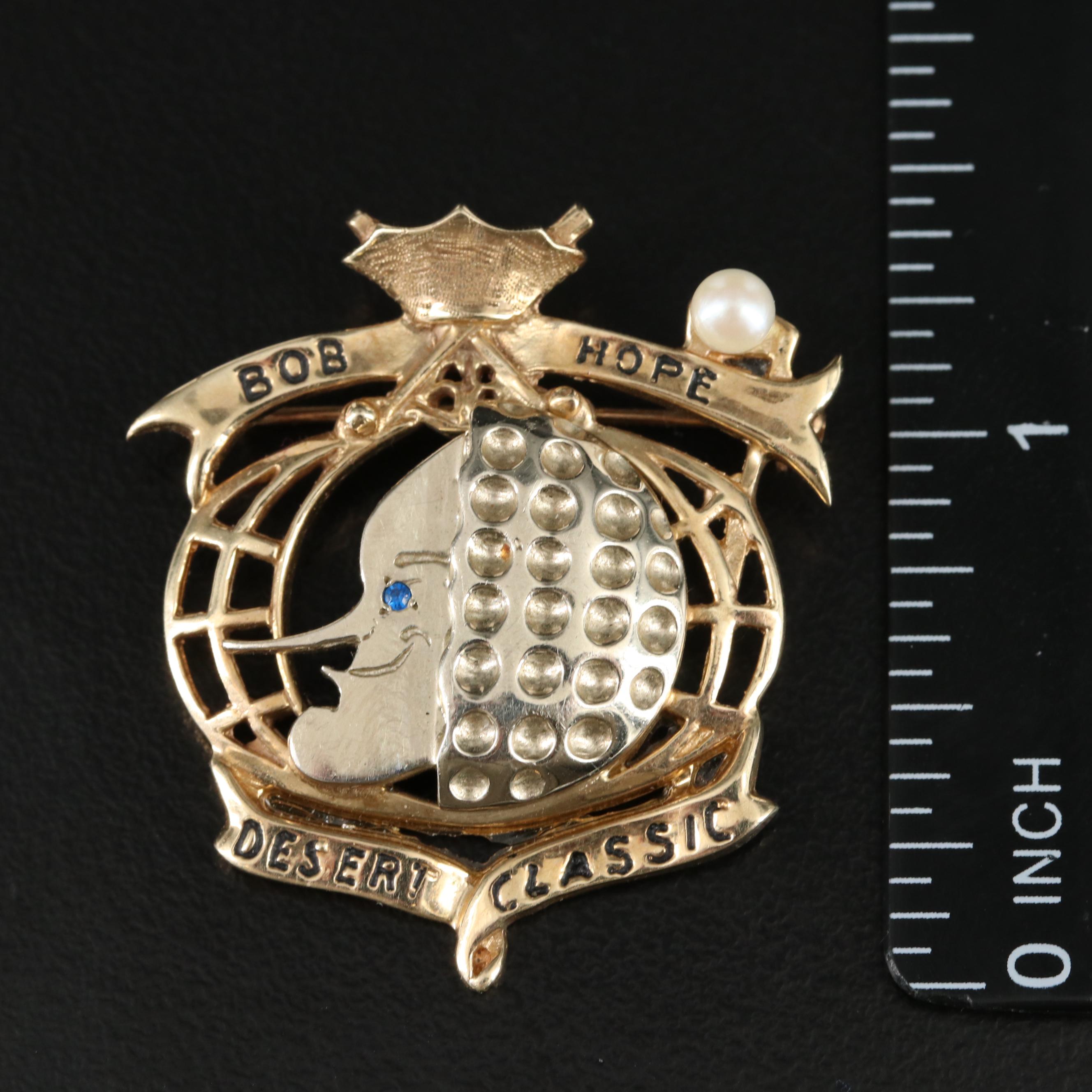 14K Two Tone Pearl and Spinel Bob Hope Desert Classic Converter Brooch