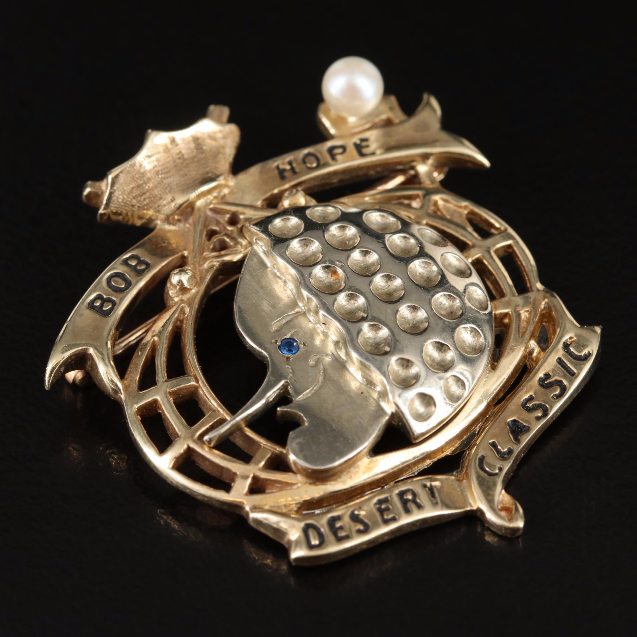 14K Two Tone Pearl and Spinel Bob Hope Desert Classic Converter Brooch