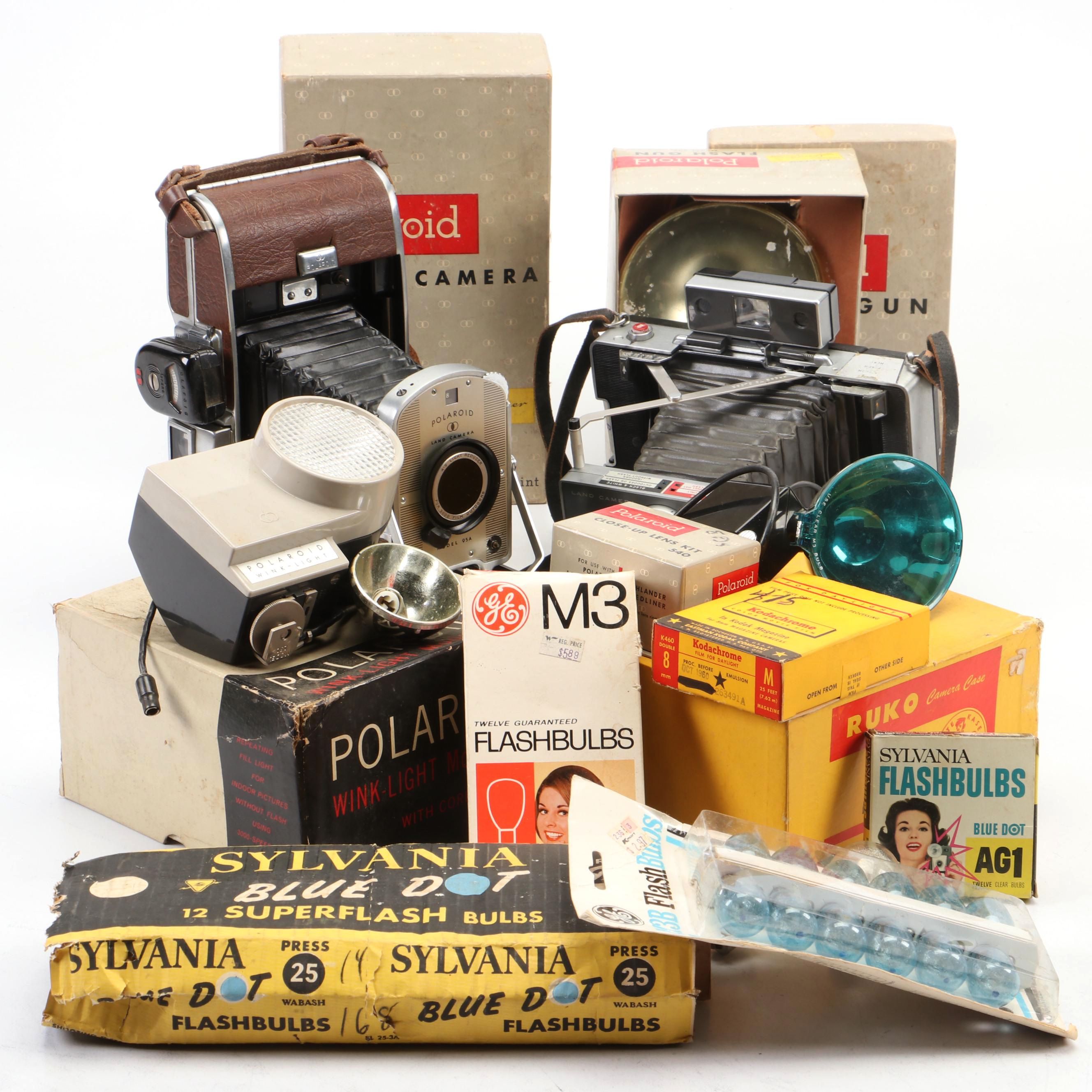 Polaroid Land Camera Automatic 100 and Model 95A with Flashes and Accessories