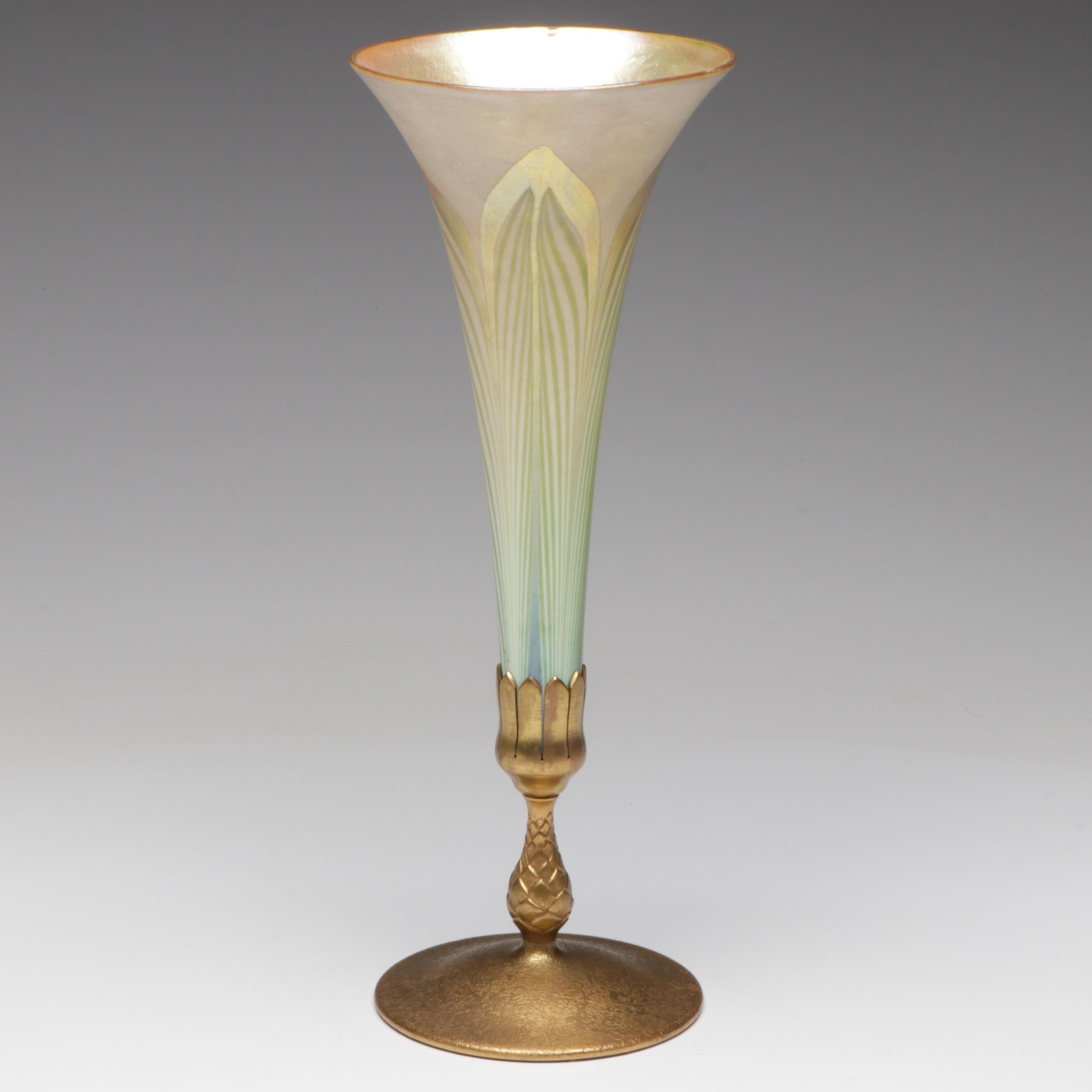 Louis Comfort Tiffany Favrile Art Glass Trumpet Vase in Etched Doré Bronze Base