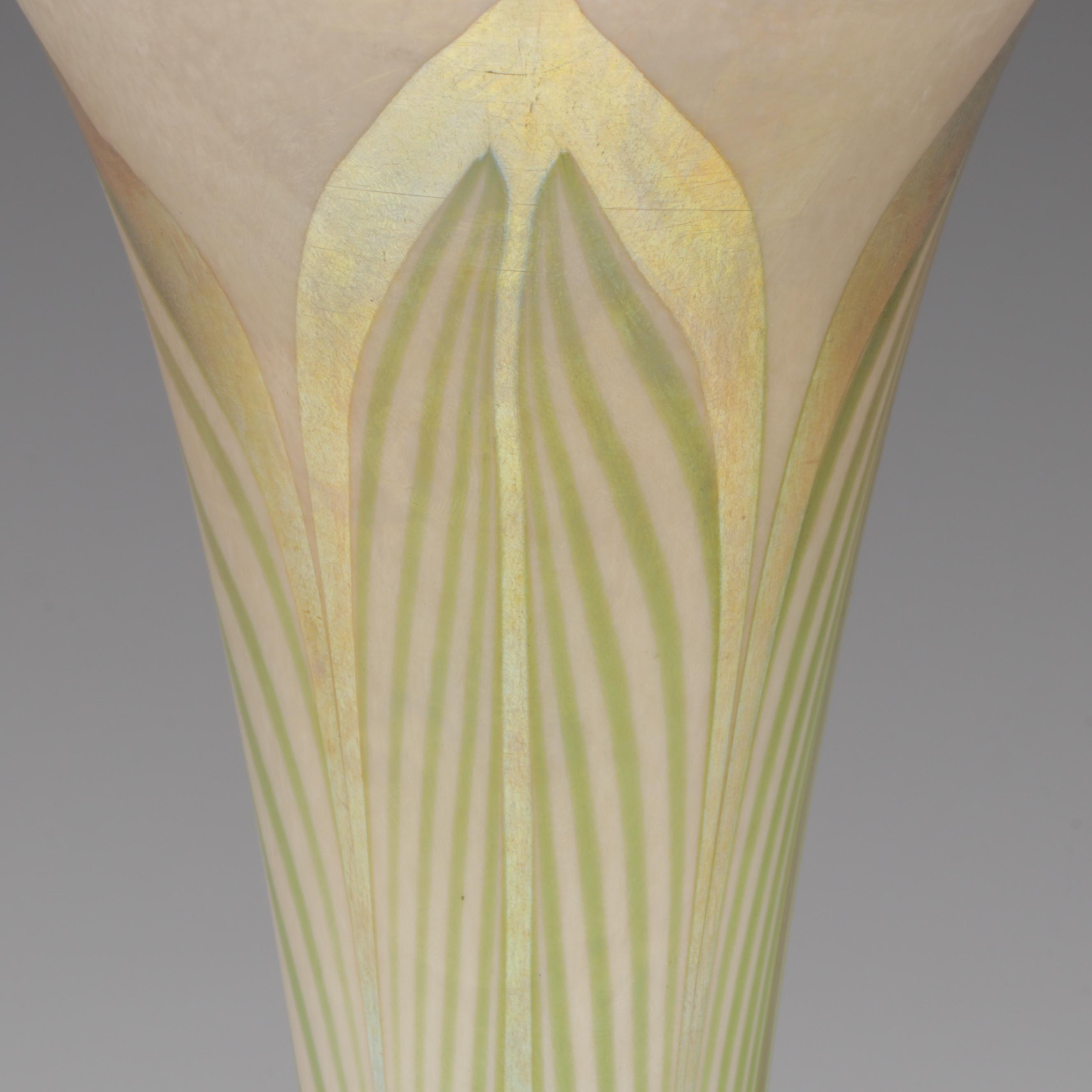 Louis Comfort Tiffany Favrile Art Glass Trumpet Vase in Etched Doré Bronze Base