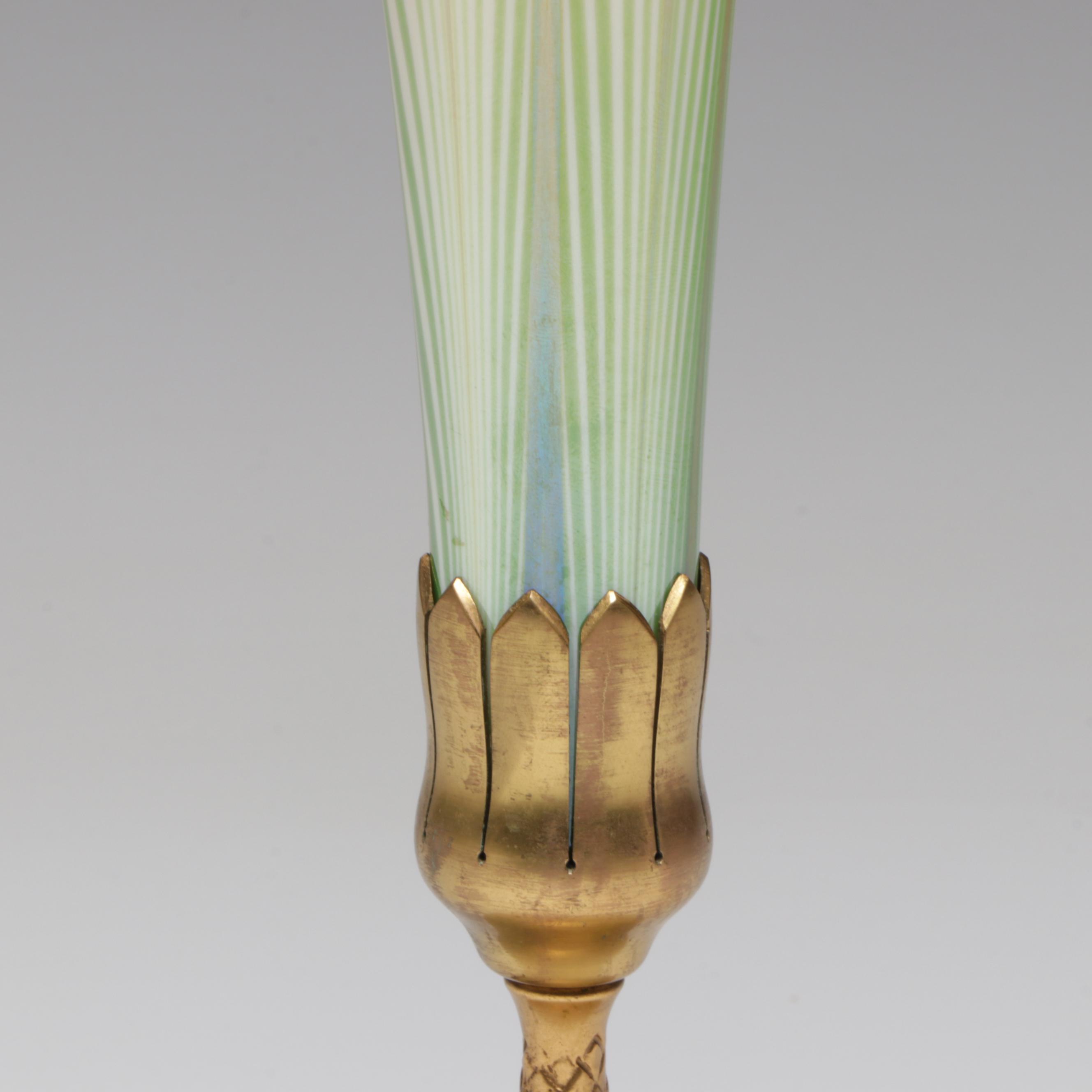 Louis Comfort Tiffany Favrile Art Glass Trumpet Vase in Etched Doré Bronze Base