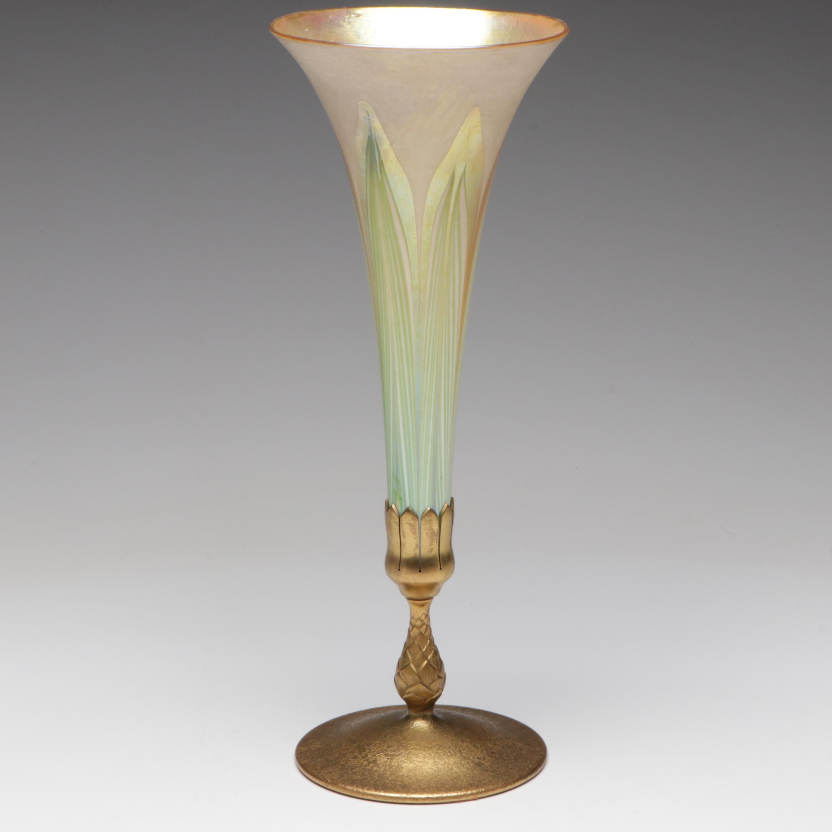 Louis Comfort Tiffany Favrile Art Glass Trumpet Vase in Etched Doré Bronze Base