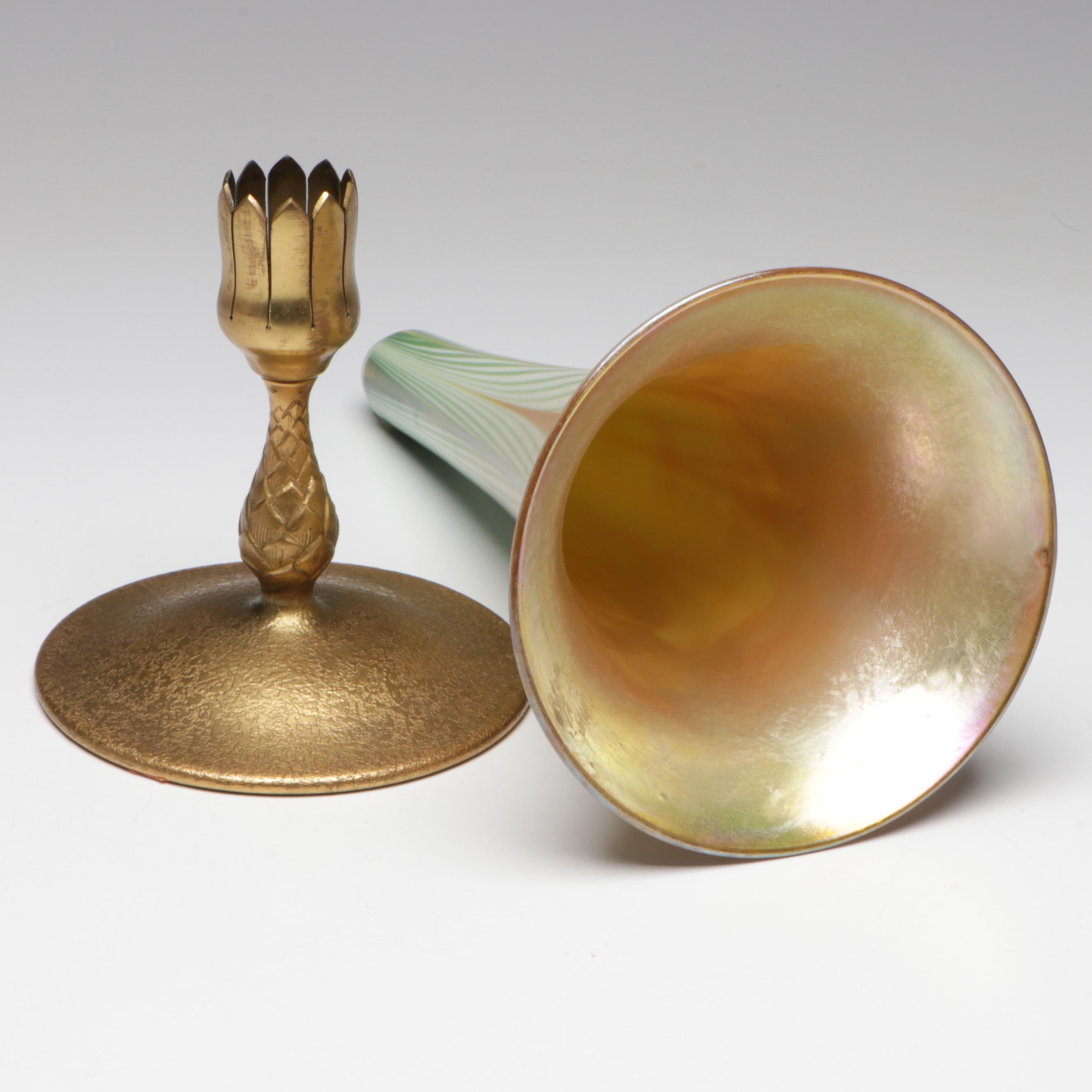 Louis Comfort Tiffany Favrile Art Glass Trumpet Vase in Etched Doré Bronze Base