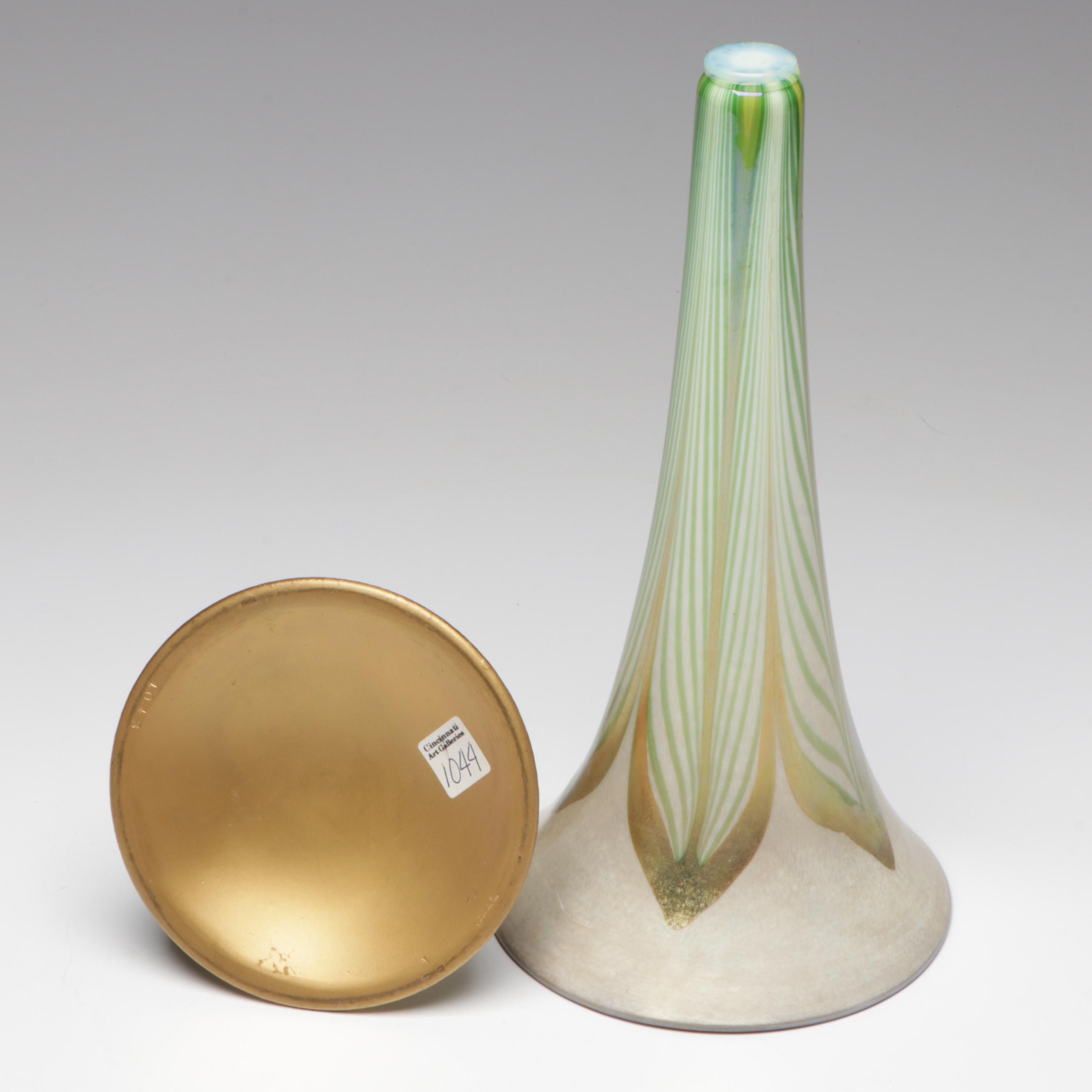 Louis Comfort Tiffany Favrile Art Glass Trumpet Vase in Etched Doré Bronze Base