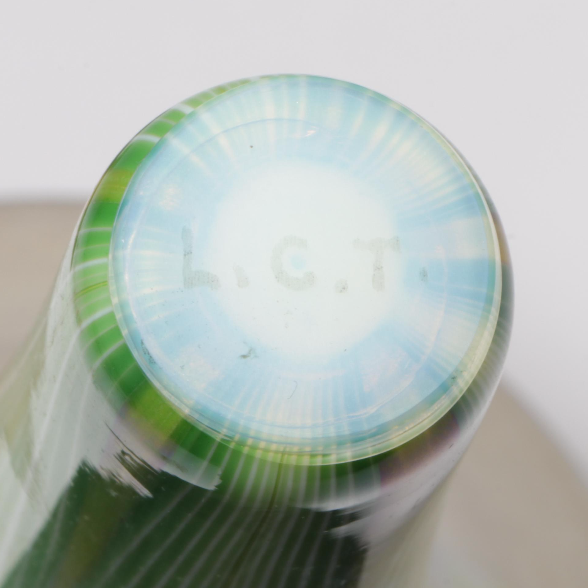 Louis Comfort Tiffany Favrile Art Glass Trumpet Vase in Etched Doré Bronze Base