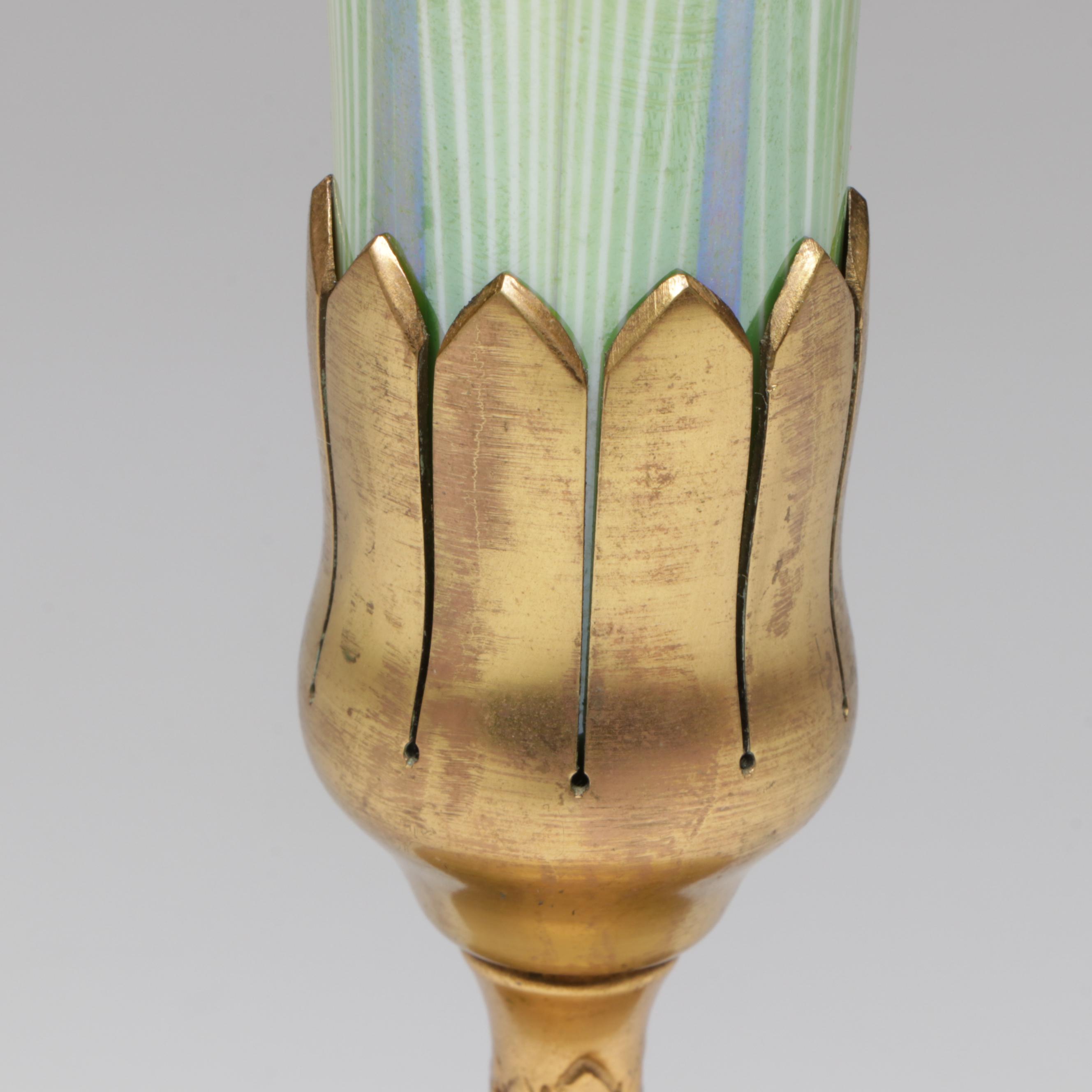 Louis Comfort Tiffany Favrile Art Glass Trumpet Vase in Etched Doré Bronze Base