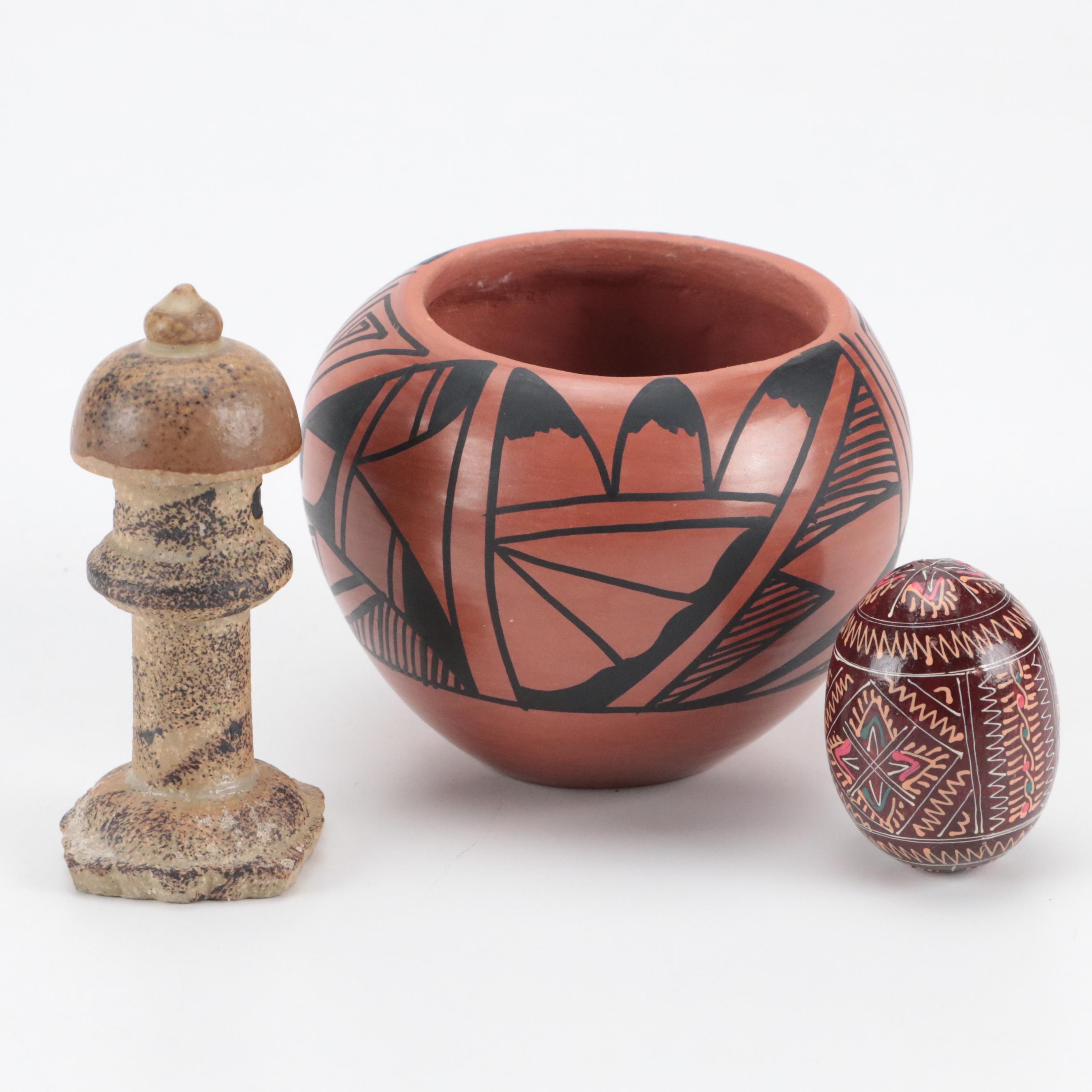 Chinana Jemez Pueblo Pottery Terracotta Pot with Ceramic Egg Figurine and More